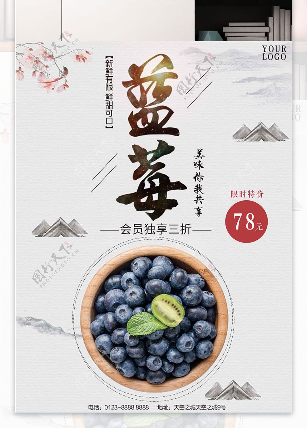 白色背景简约中国风美味蓝莓宣传海报