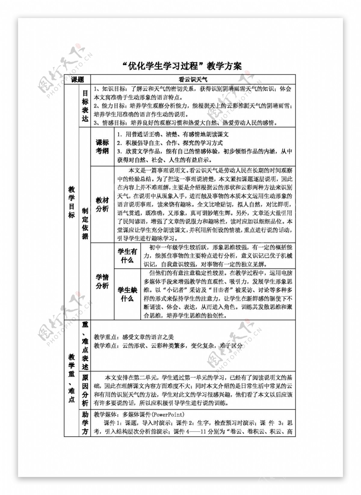 语文人教版初中语文版七年级上册第四单元之看云识天气教案