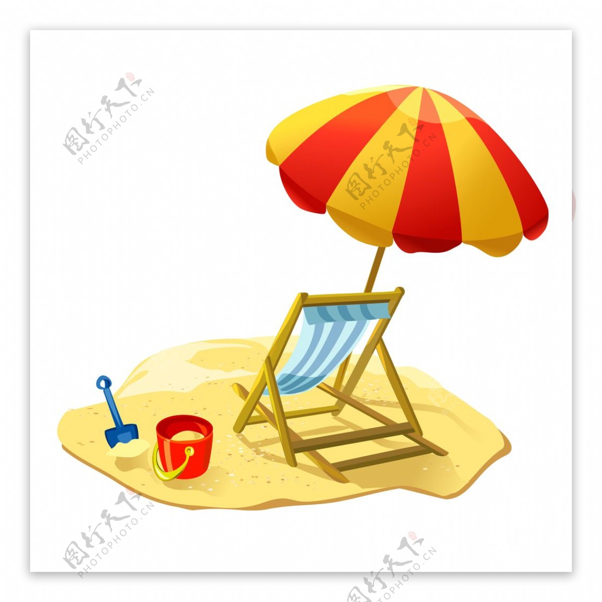 卡通沙滩遮阳伞躺椅png元素