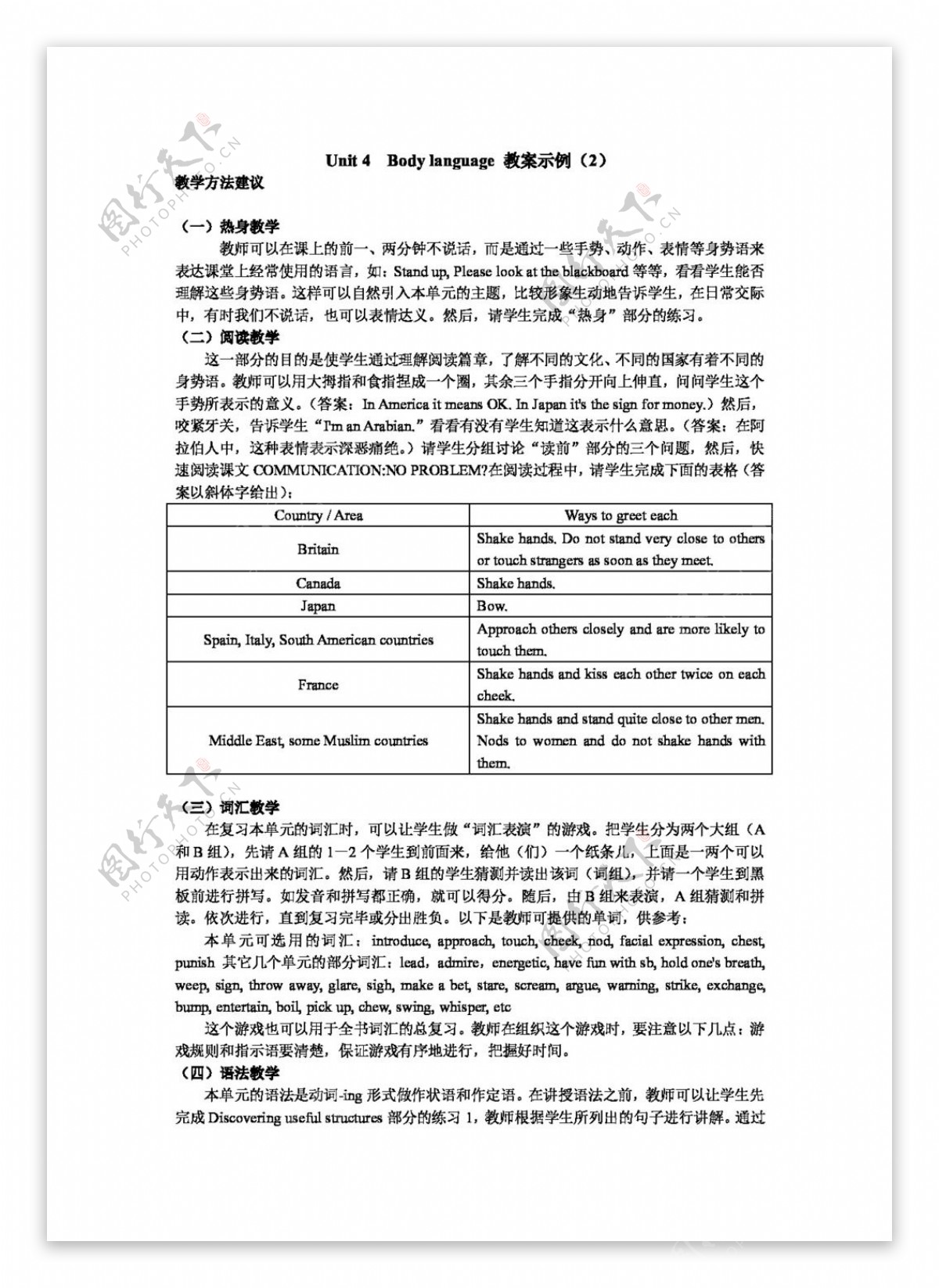 英语人教版必修四Unit4Bodylanguage