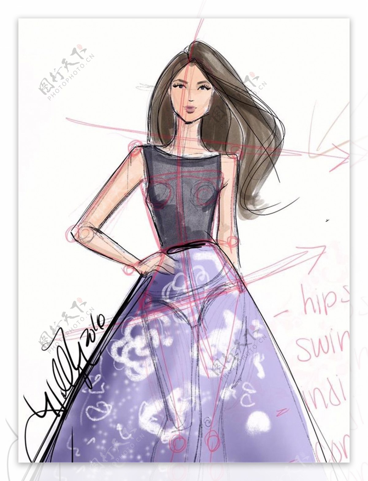 紫色花纹晚礼服设计图