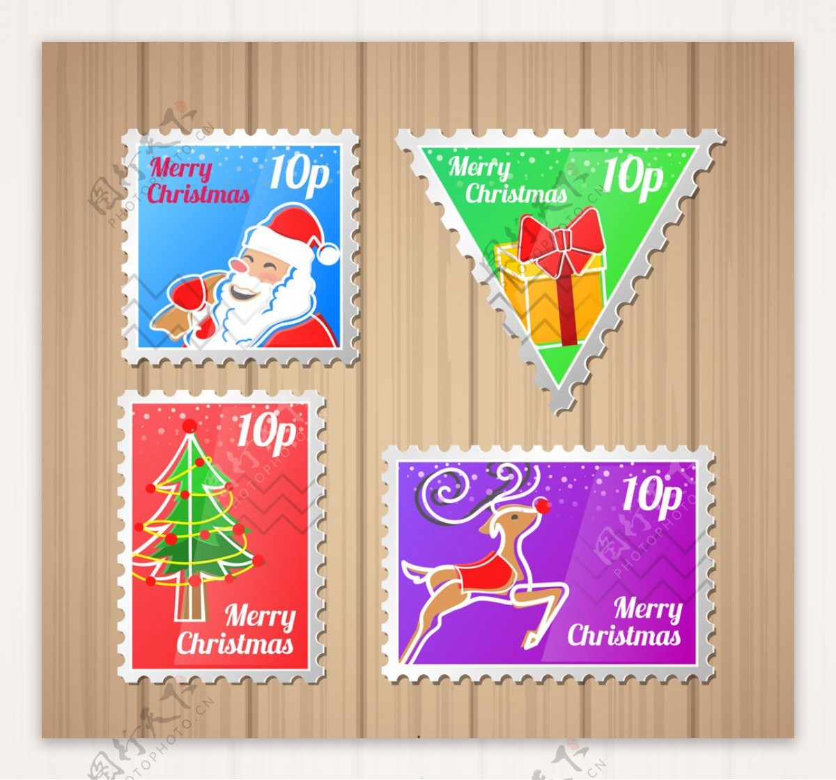4款彩色圣诞节邮票矢量素材