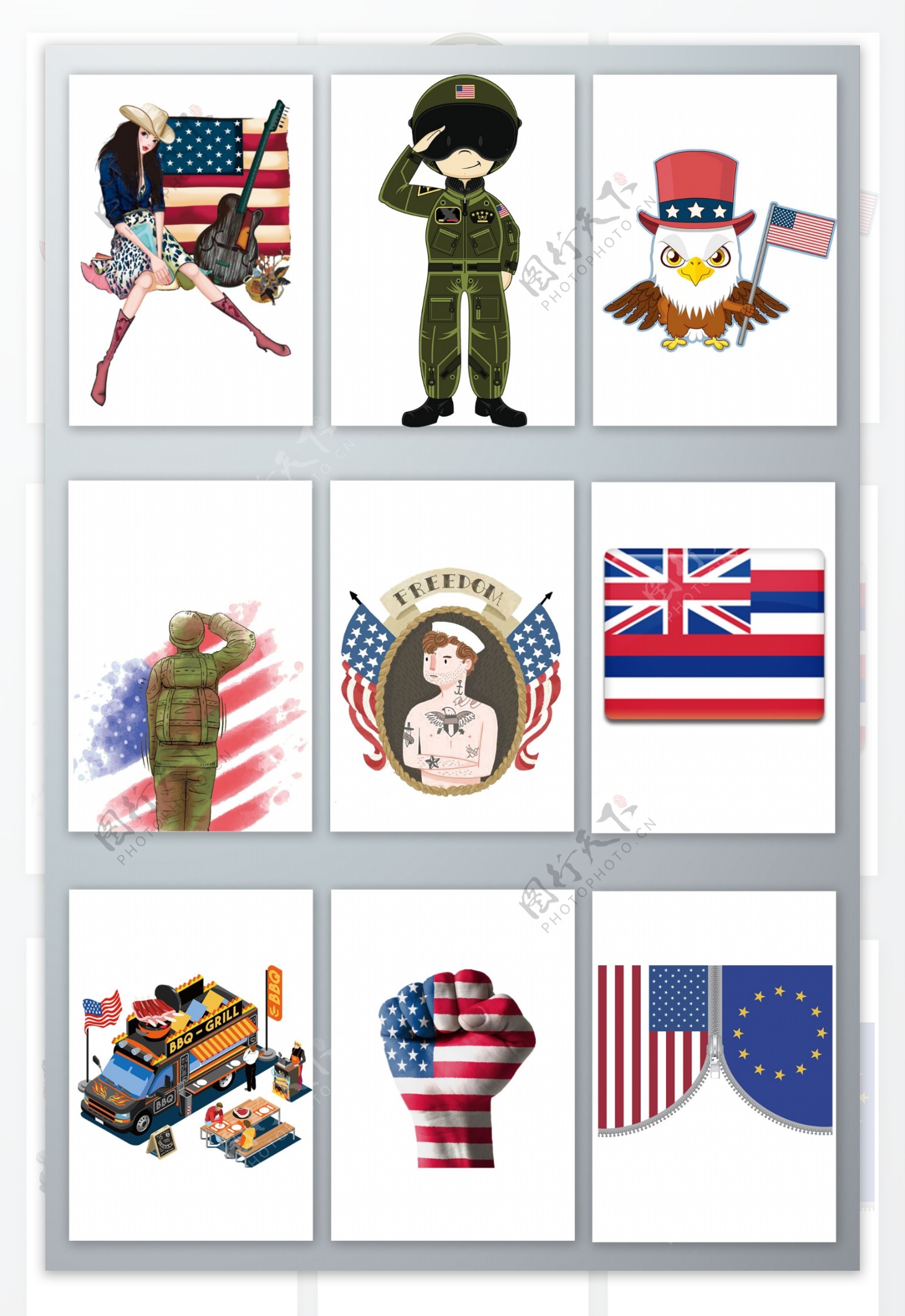 手绘风格美国国旗文化装饰素材