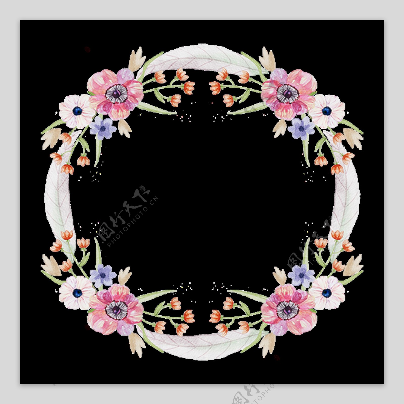 清新设计感粉色花朵手绘花环装饰元素