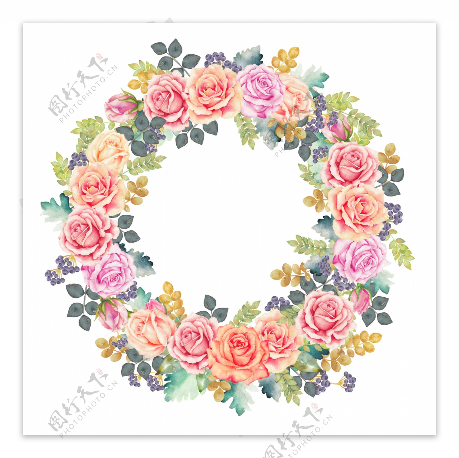 粉色玫瑰花手绘花环装饰元素