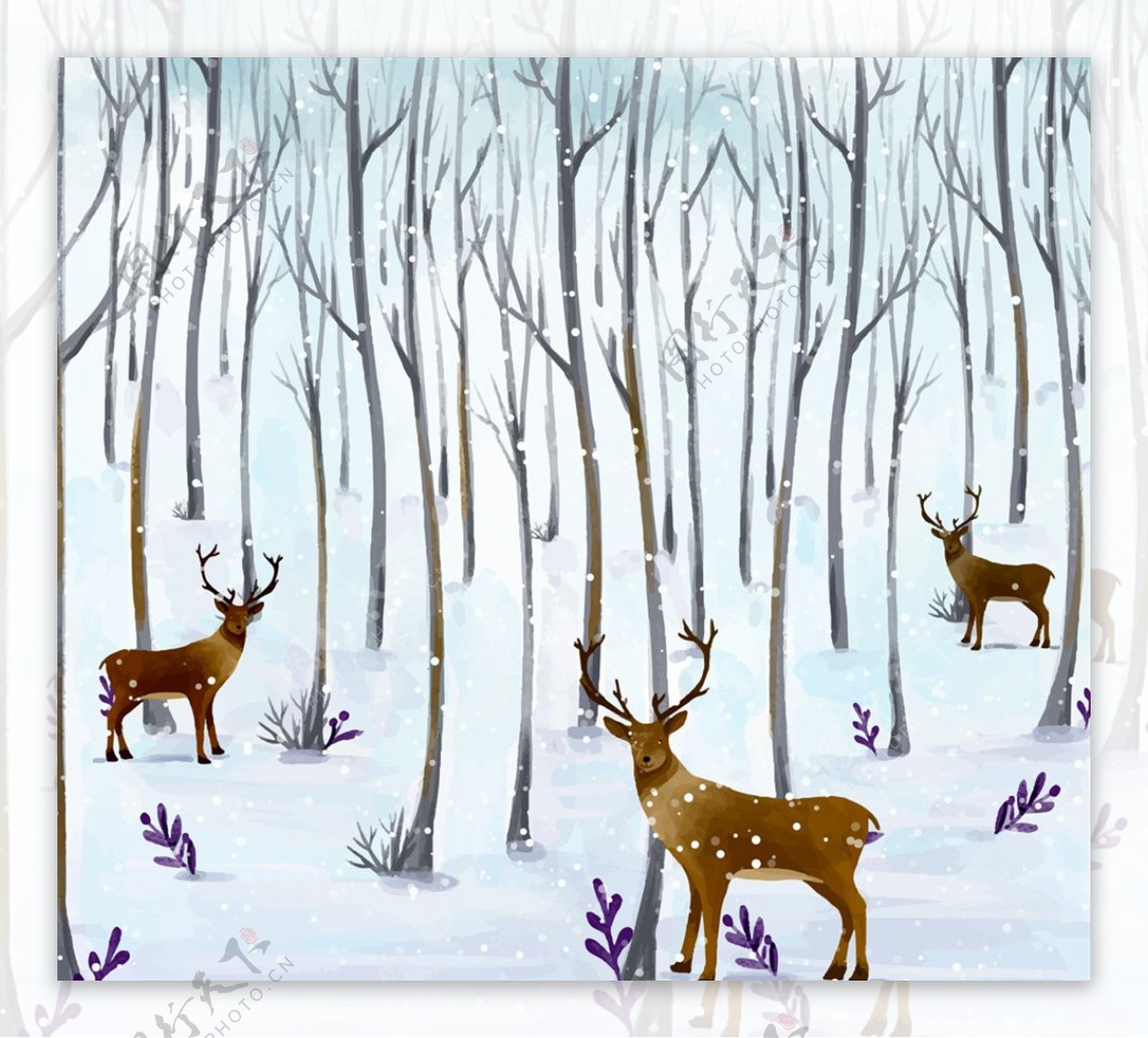 水彩绘森林里的3只驯鹿矢量图