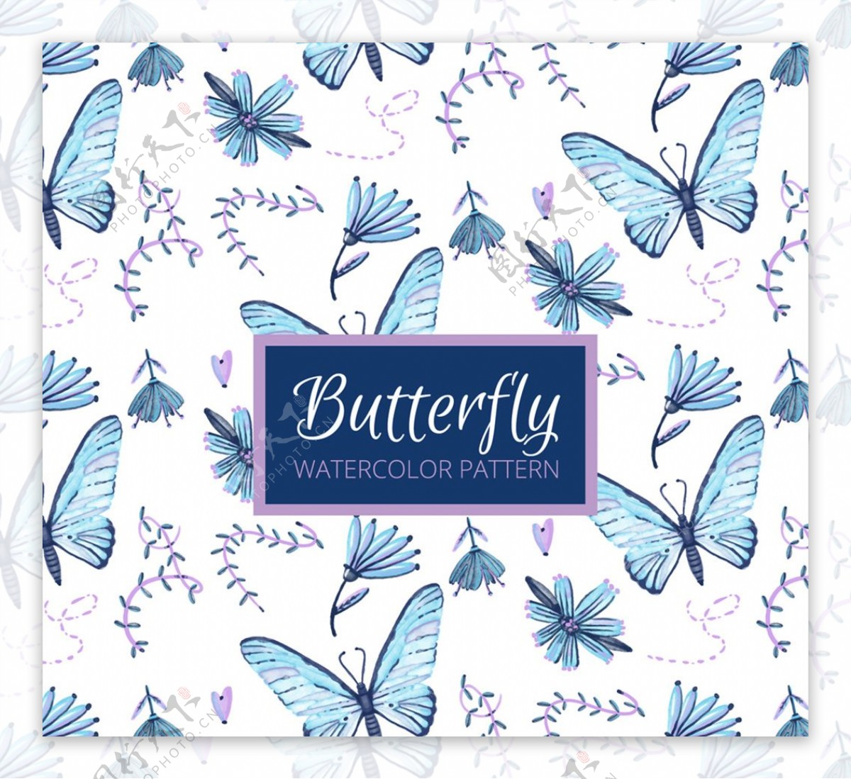 蓝色蝴蝶和花卉无缝背景矢量图