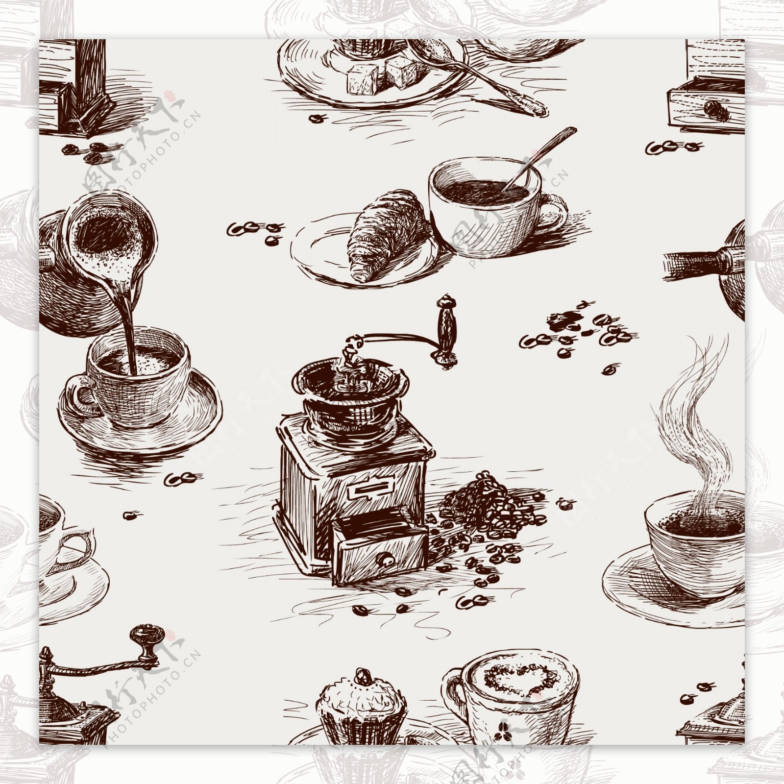 手绘咖啡花纹图案