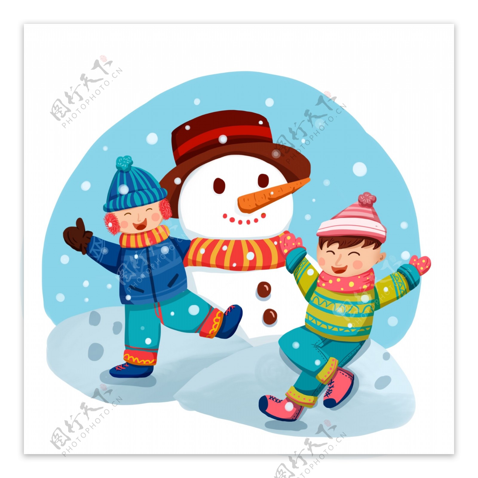 卡通可爱男孩雪人冬季雪天打雪仗玩耍元素