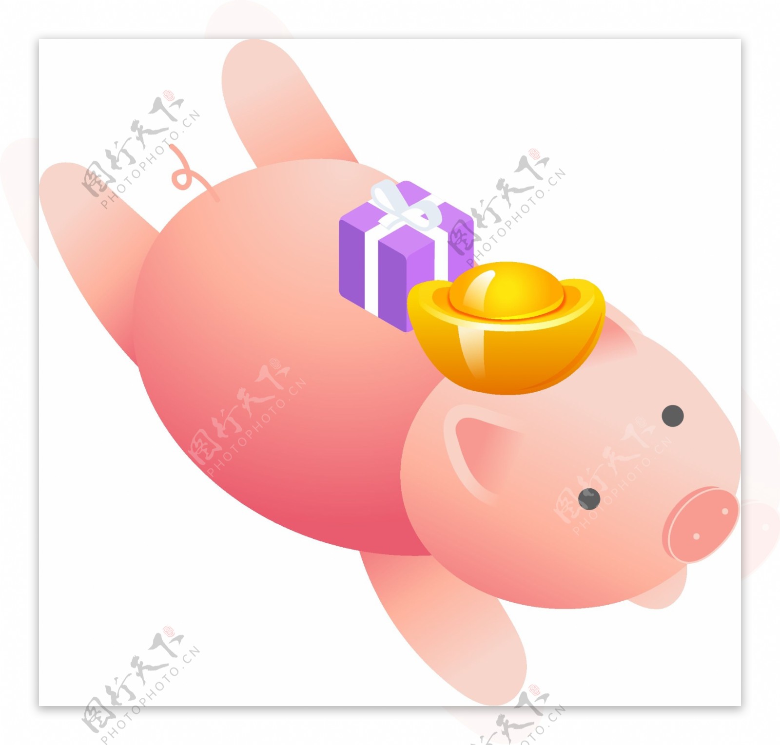 2.5D飞翔着送金元宝和精美礼物盒的小猪
