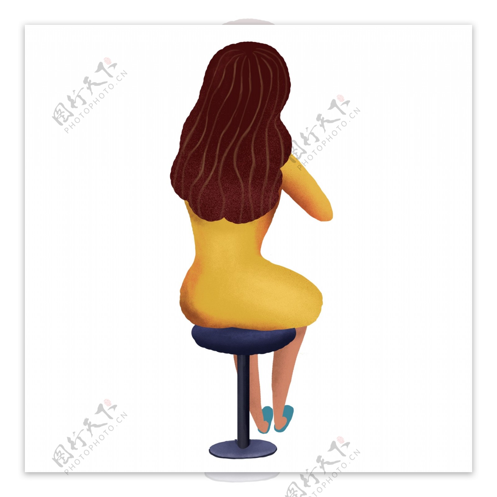 手绘卡通高脚凳上的黄连衣裙长发美女背影元素