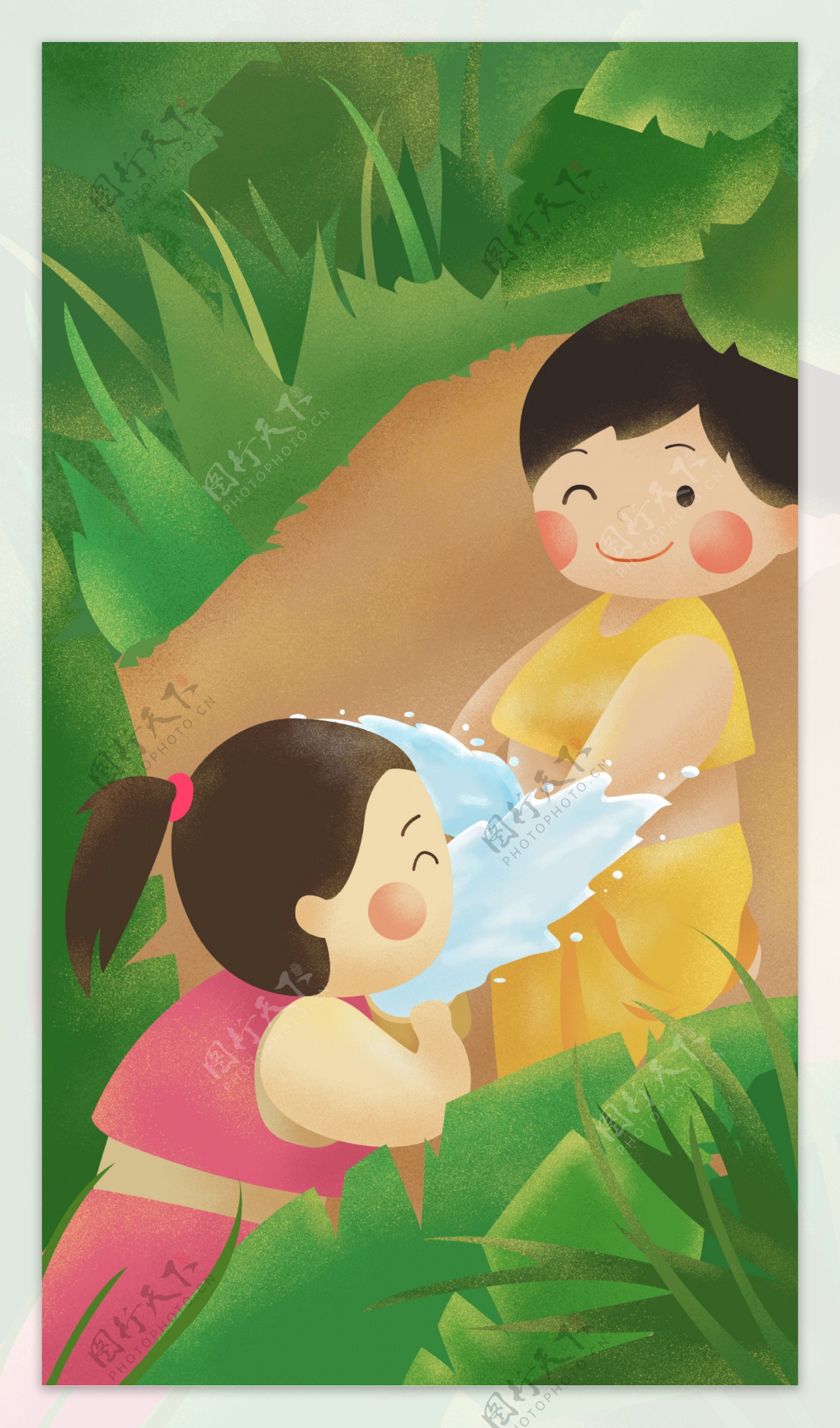 彩绘卡通泼水节人物海报背景图