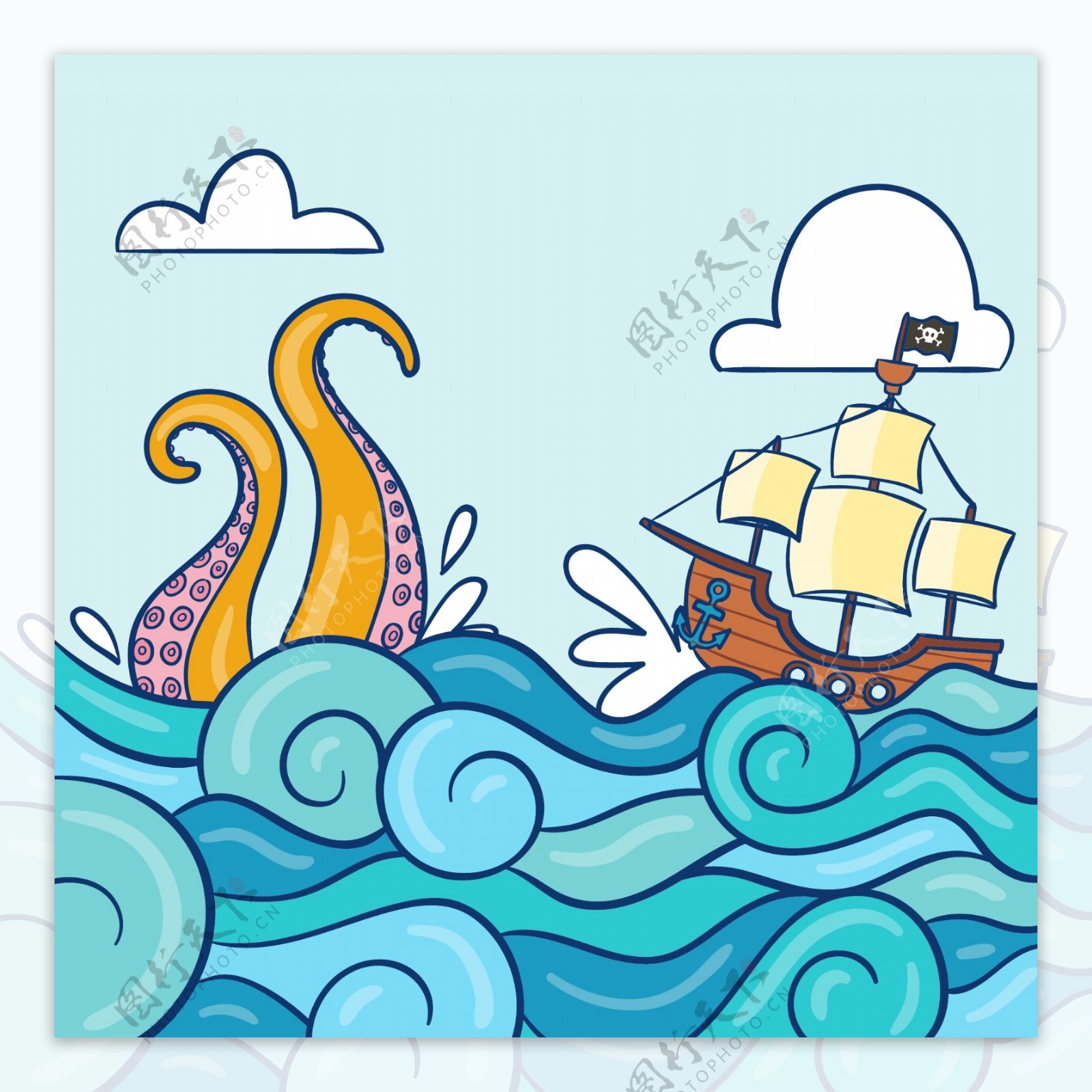 卡通大海里行驶的帆船插画