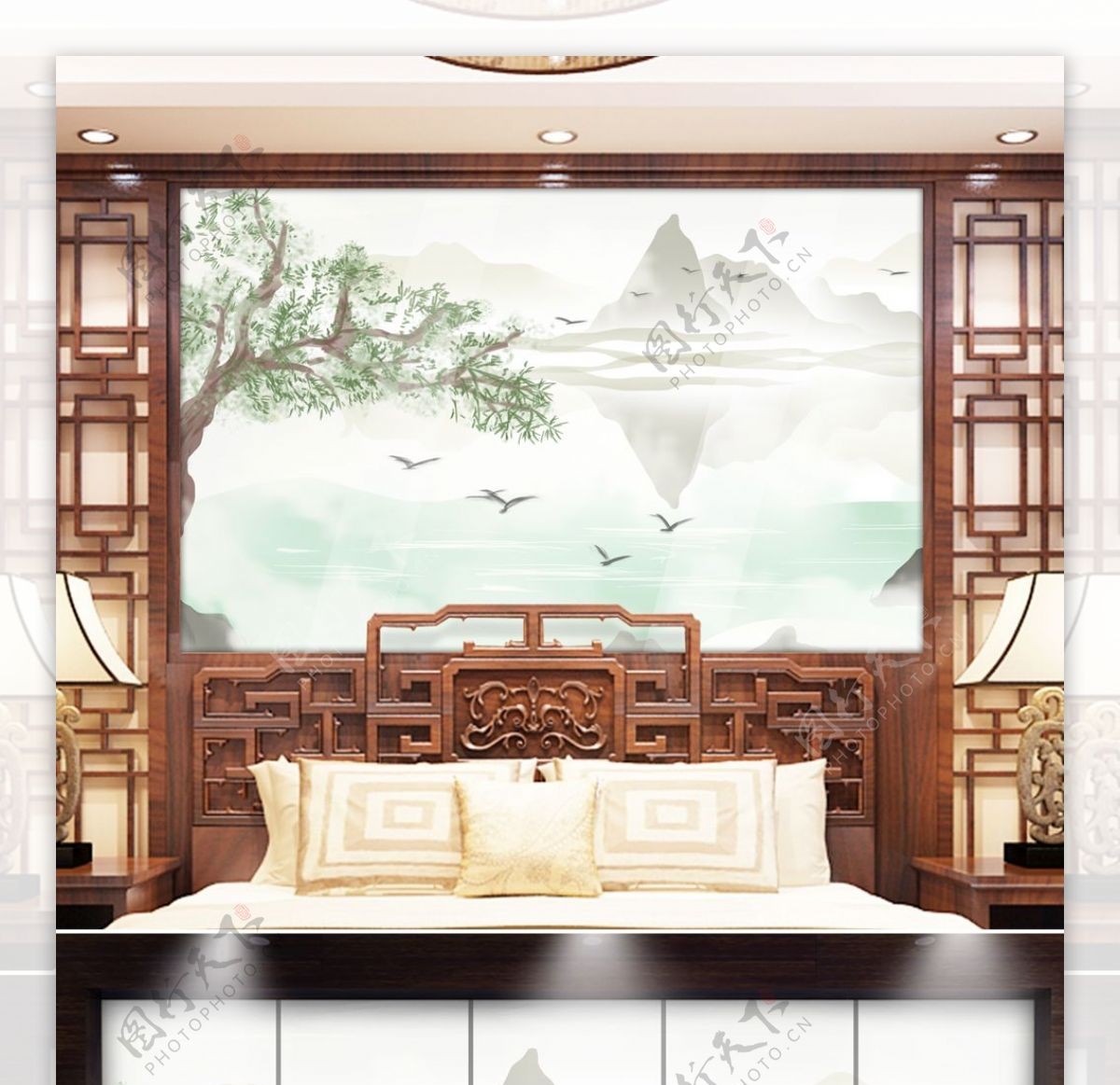 新中式水墨山水电视背景墙壁画