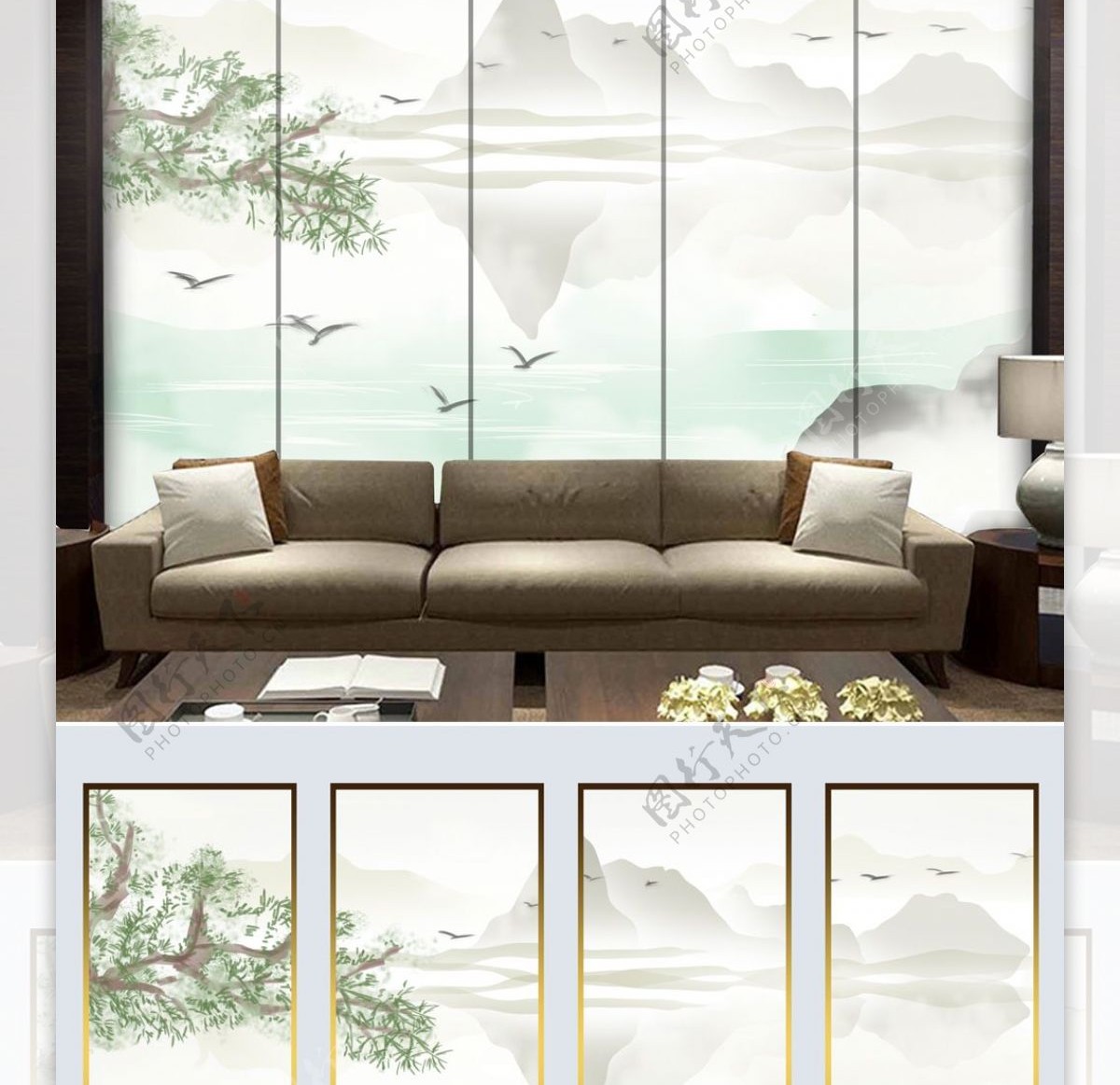 新中式水墨山水电视背景墙壁画
