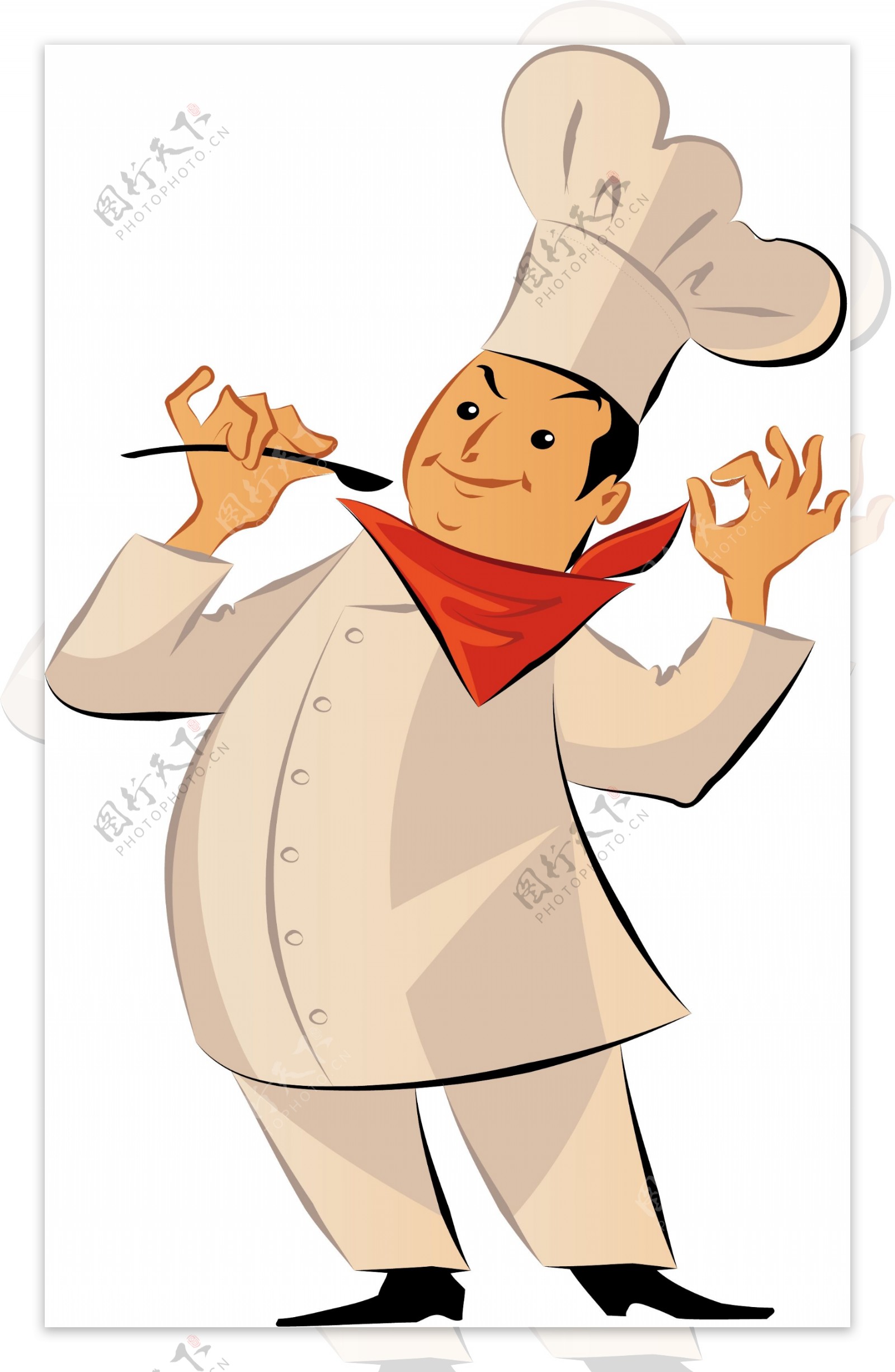 手绘卡通穿白色厨师服品尝味道的肥胖厨师