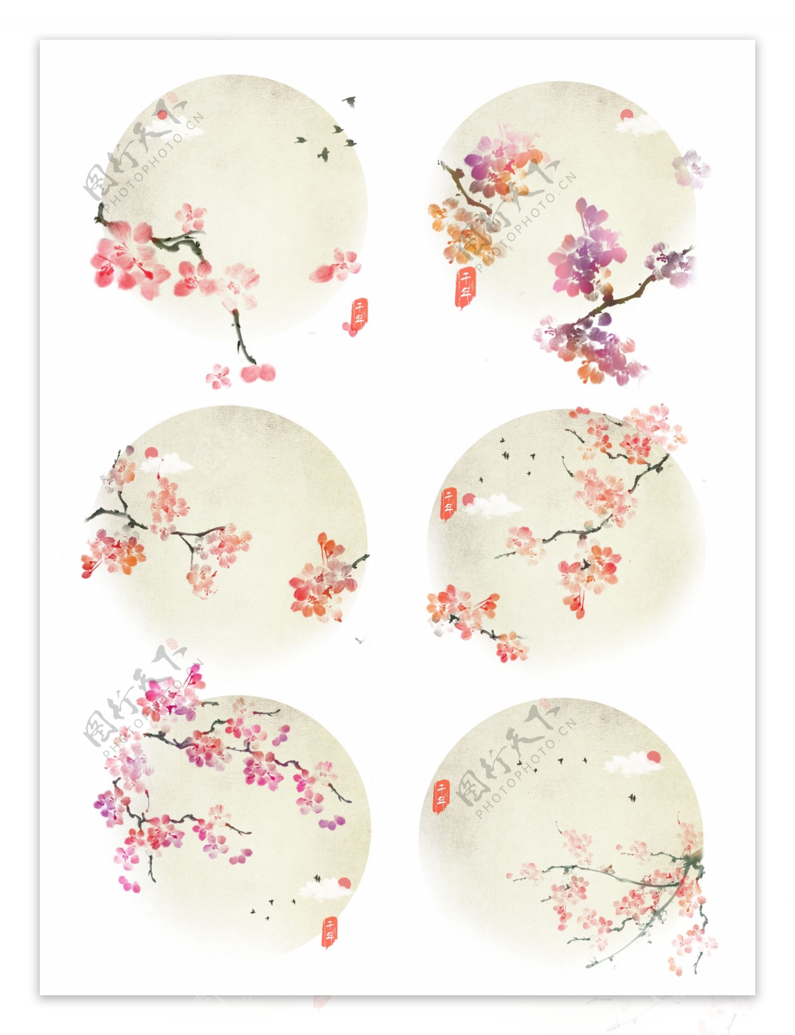手绘桃花中国风水墨背景插画可商用元素套图