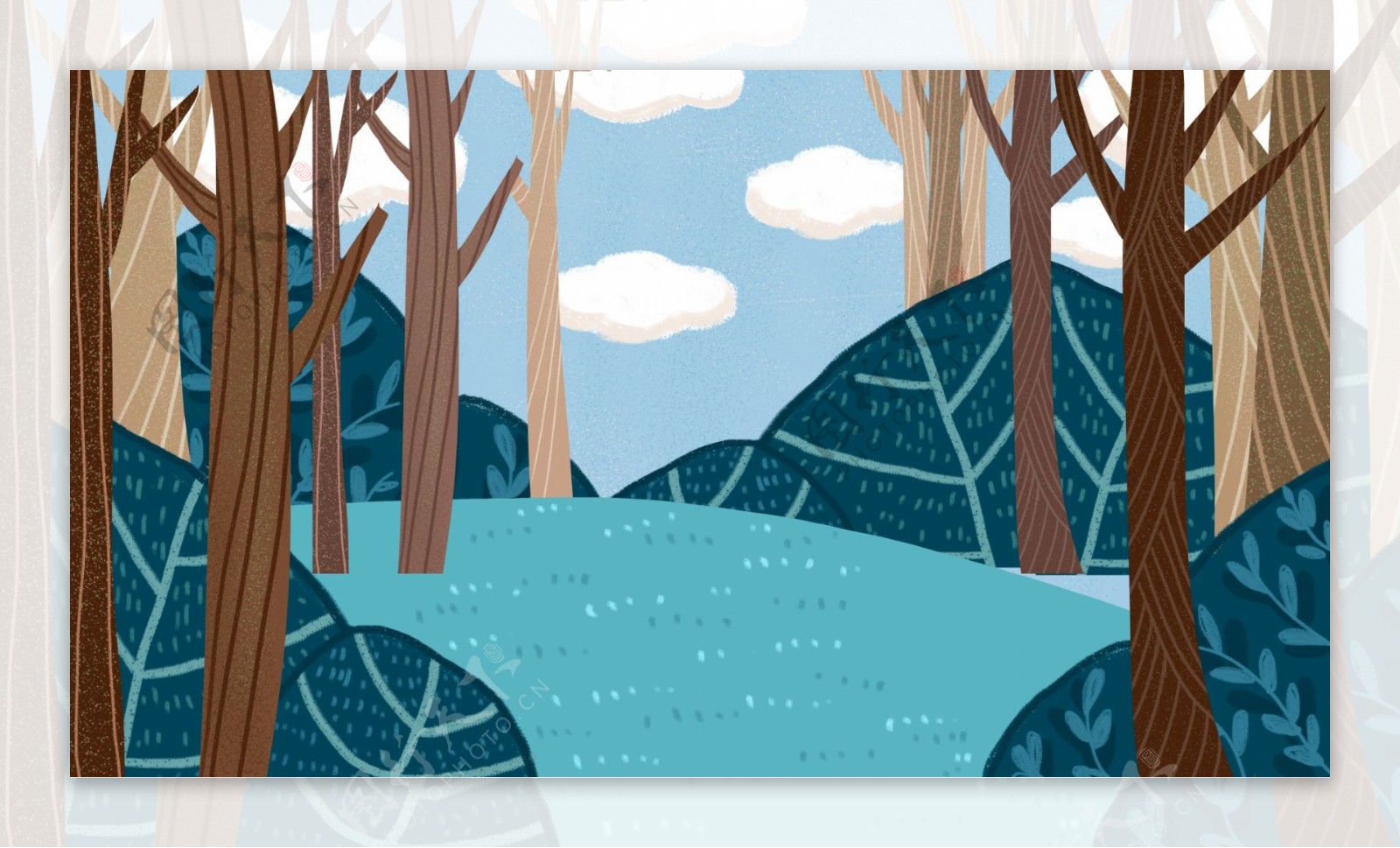 树林中的蓝色草地树叶树干卡通背景