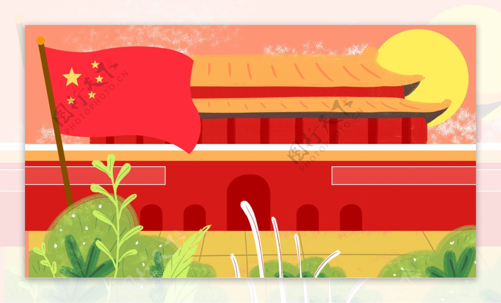 彩绘天安门红旗国庆节背景素材