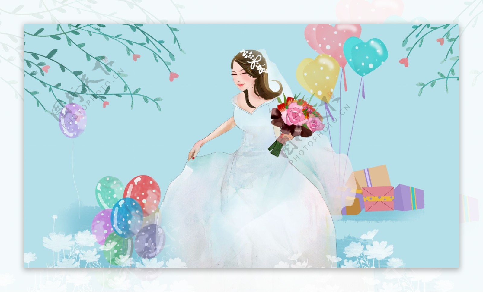 穿白色婚纱新娘彩色气球礼品花树卡通背景