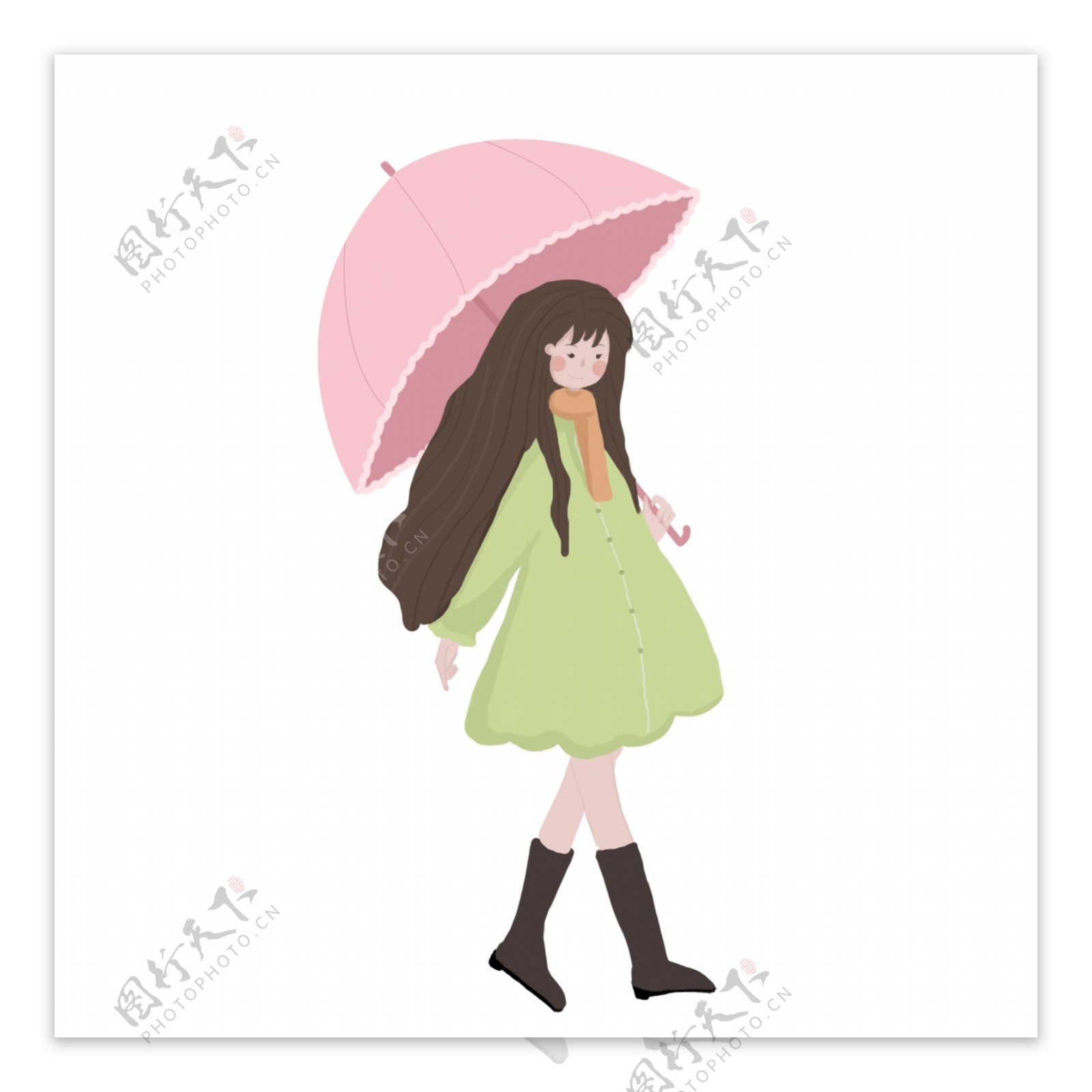 文艺女孩打着伞散步原创元素