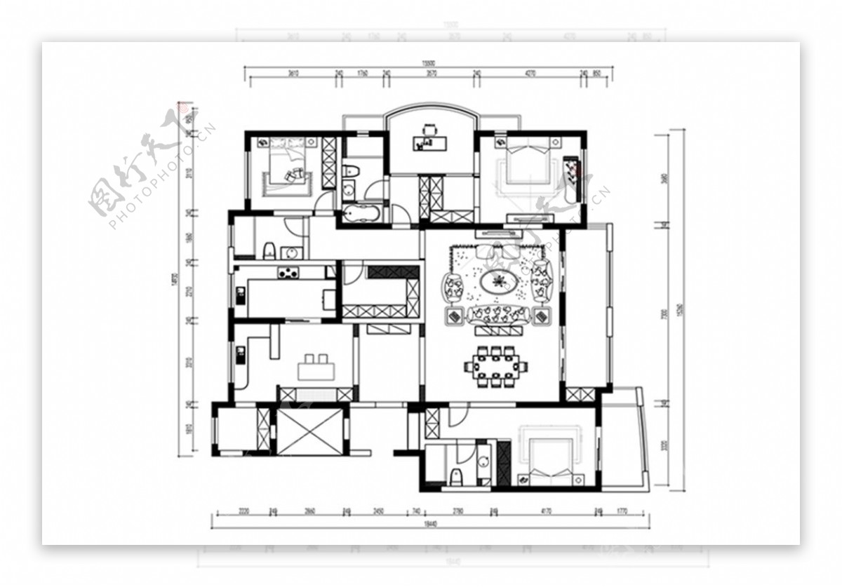 CAD四室两厅高层户型平面布置图