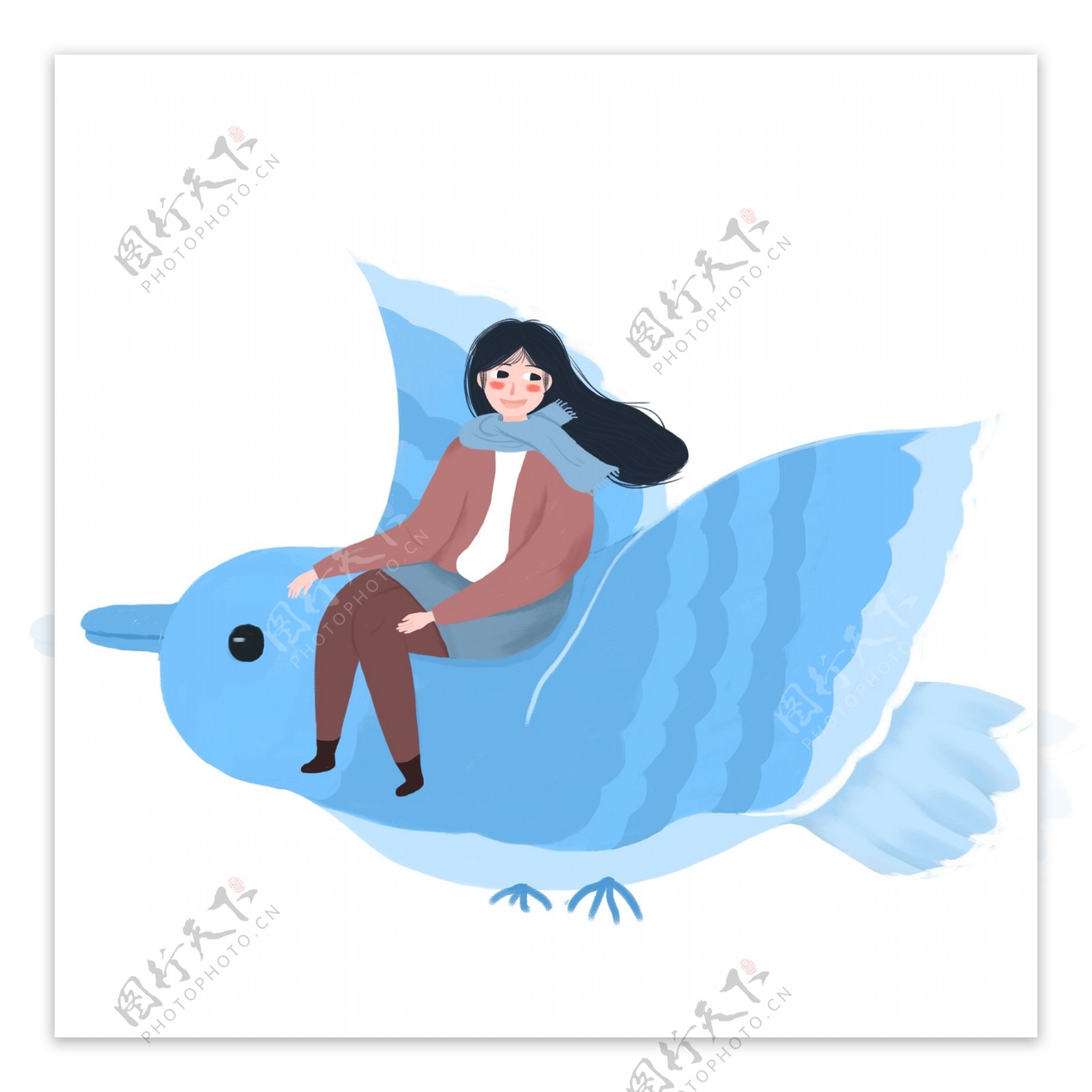 手绘坐在小鸟上自由飞翔的女孩可商用元素