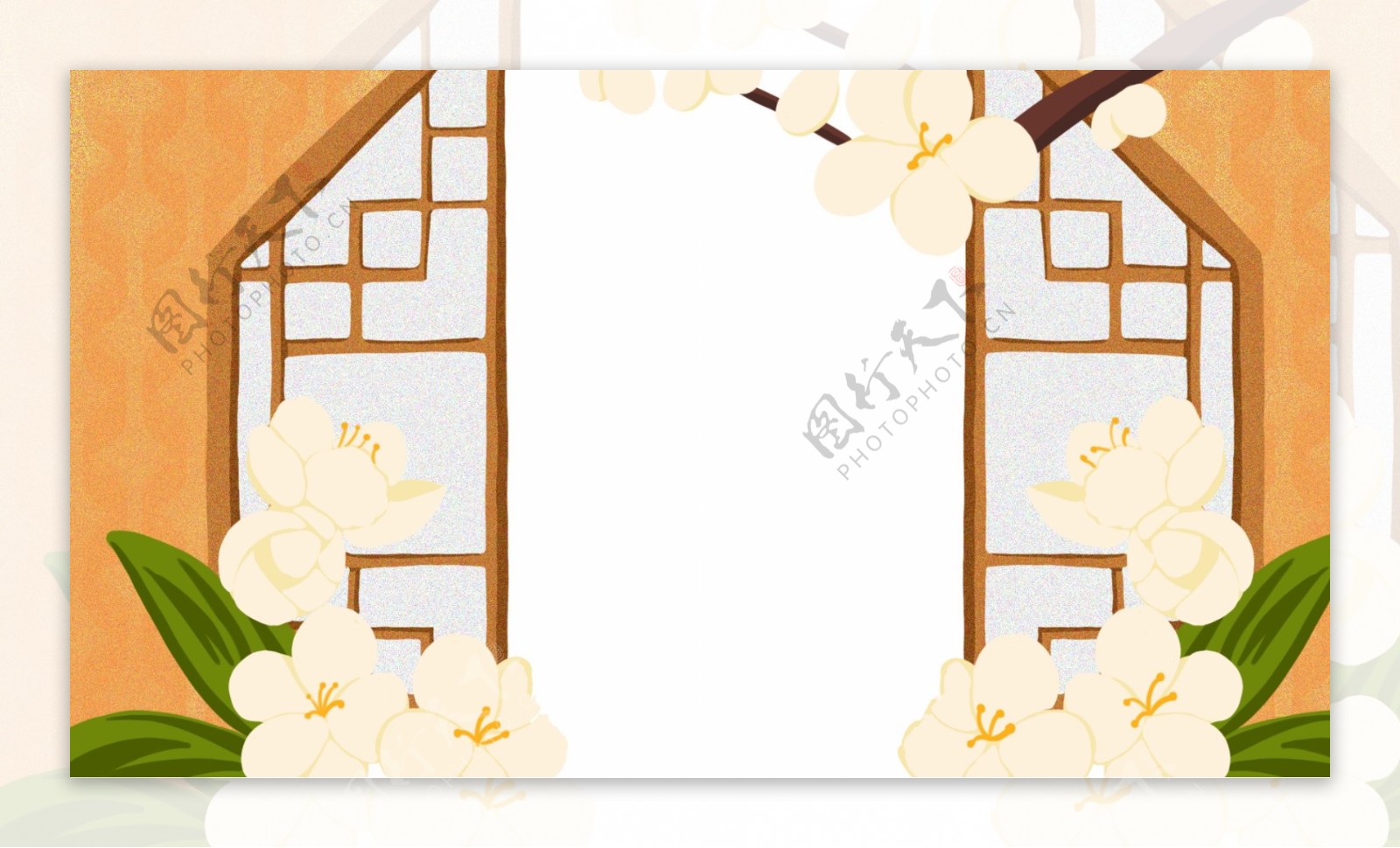 淡黄色小花映衬的中国古典花格窗户背景