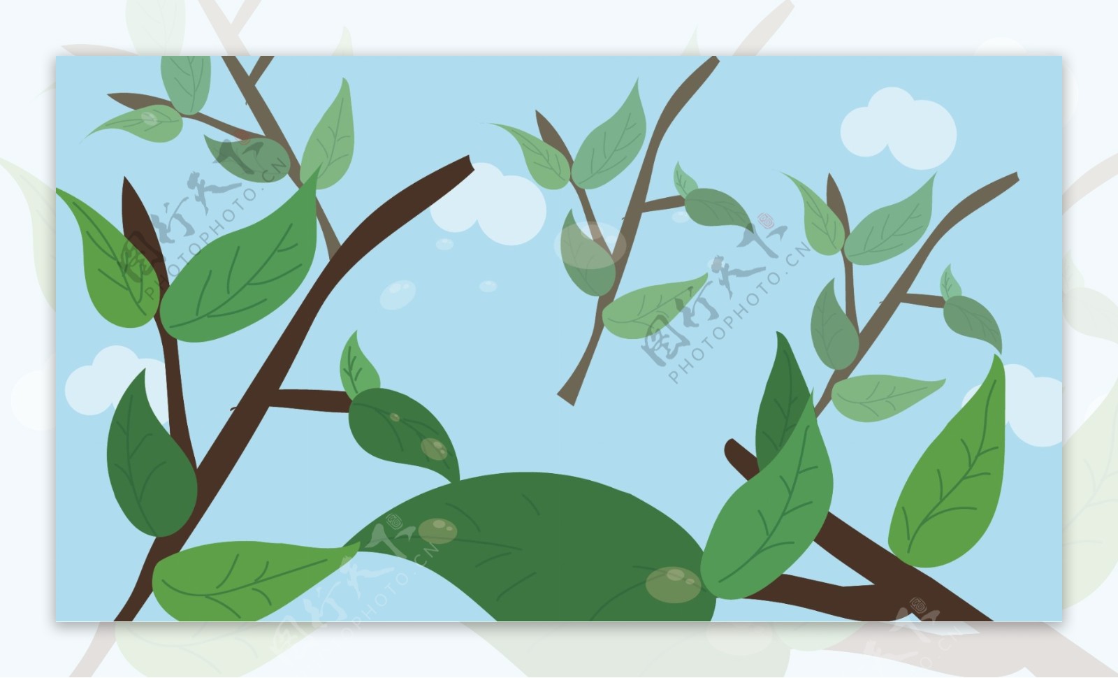 顶着水珠的树叶蓝天卡通背景