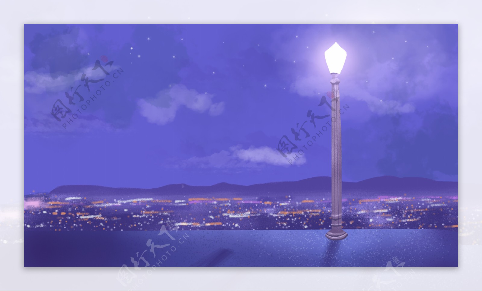 紫色手绘城市夜景背景设计