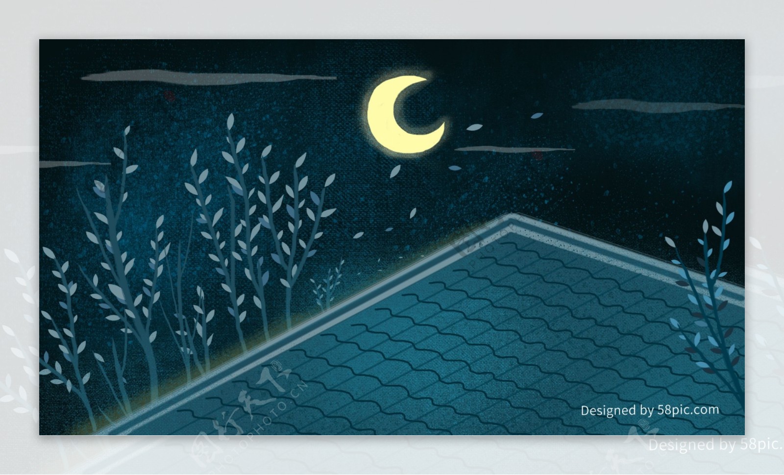 手绘唯美屋顶月亮夜晚插画背景设计