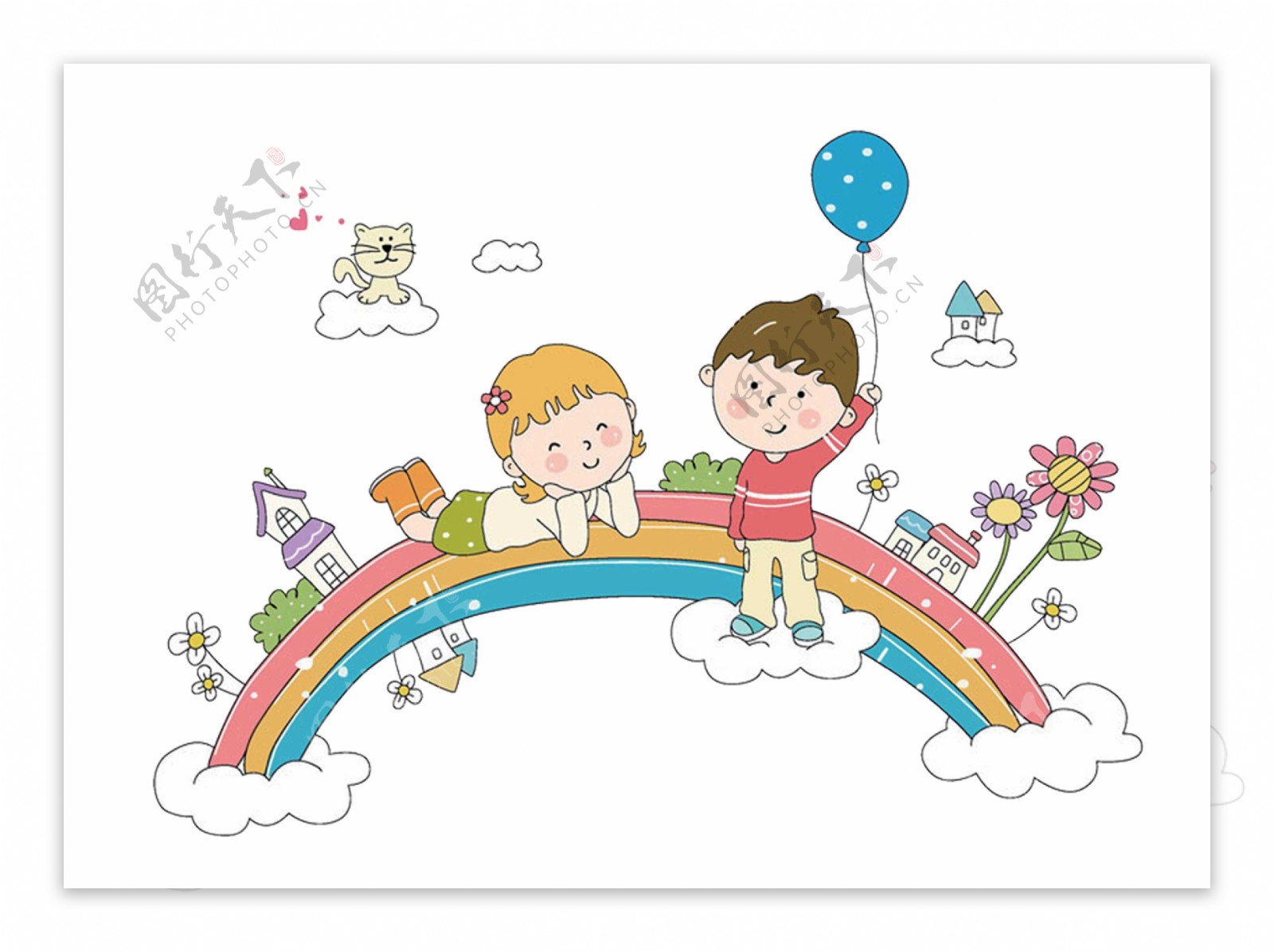 卡通儿童趴在彩虹桥玩耍png元素