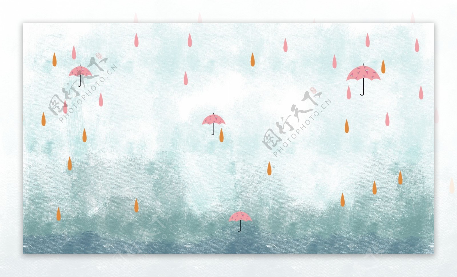 彩绘秋季雨中小伞背景素材