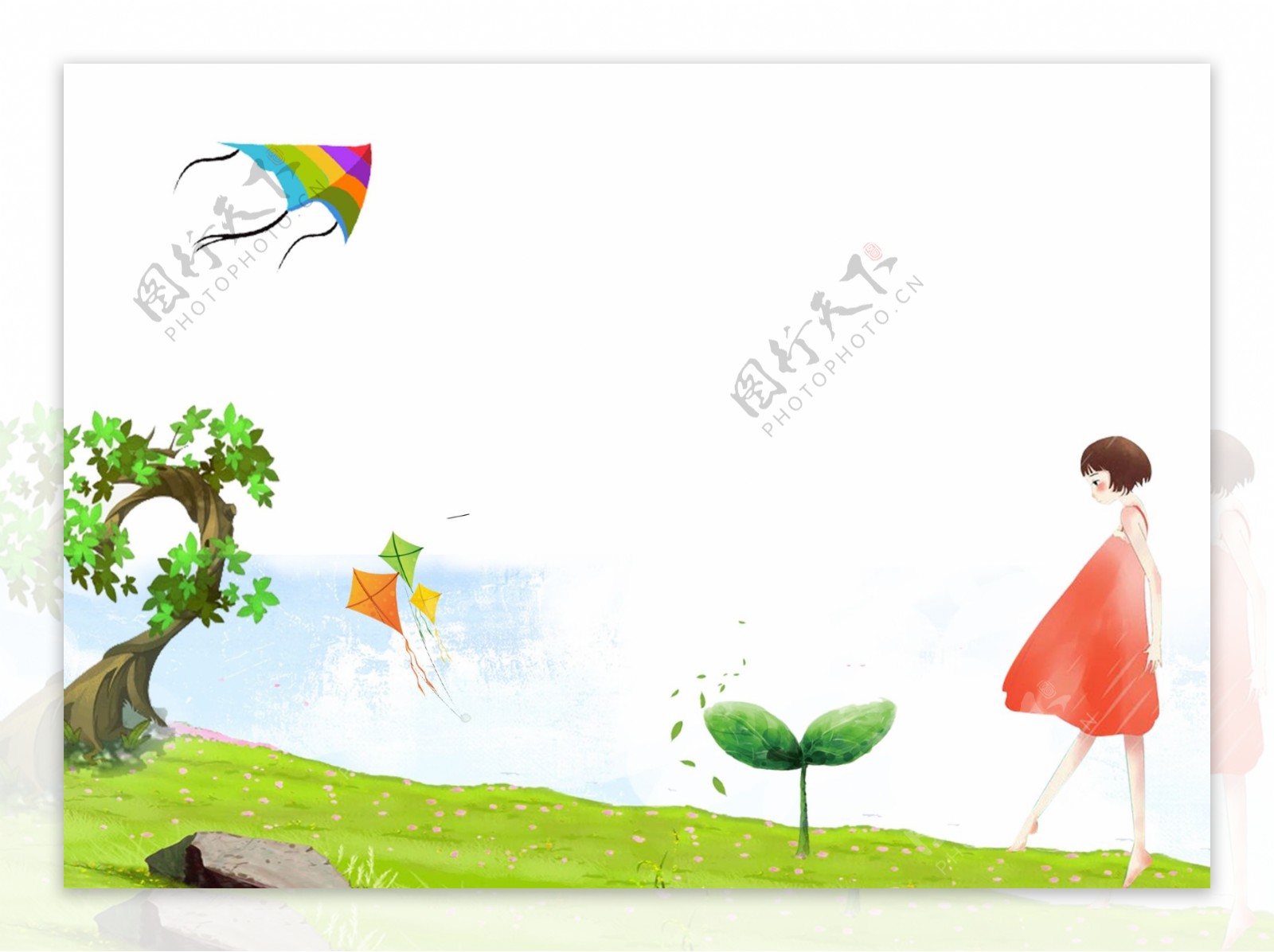 卡通清新绿色树放风筝女孩png元素