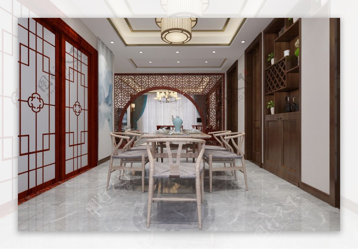 新中式餐厅室内装饰装修效果图