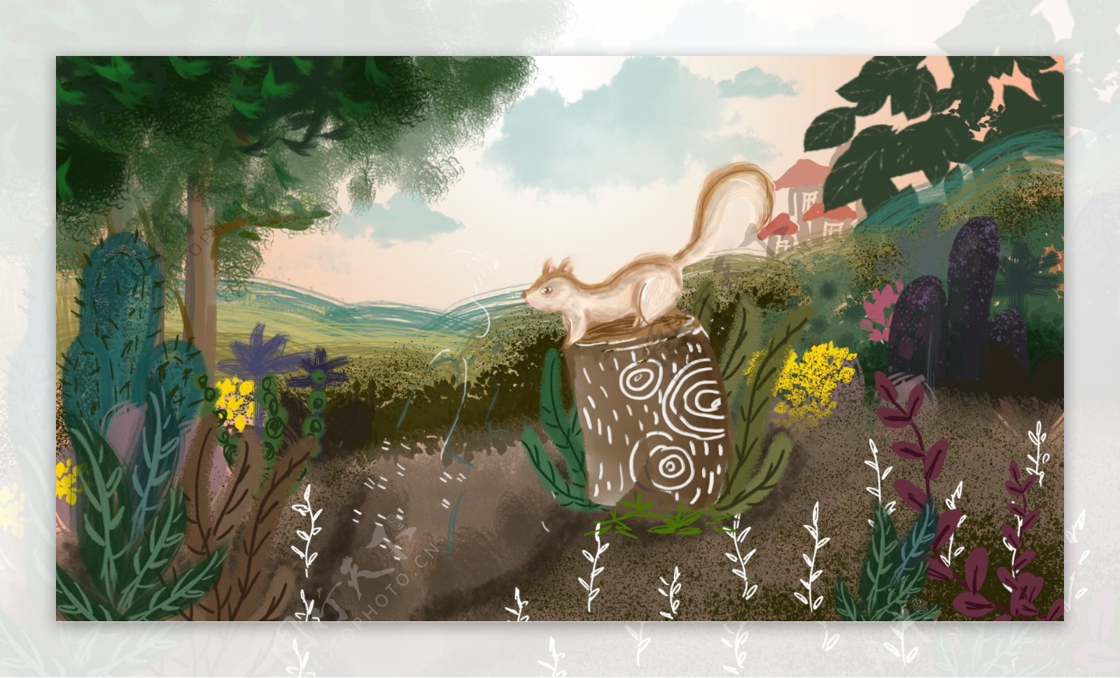 彩绘处暑节气树林松鼠背景素材