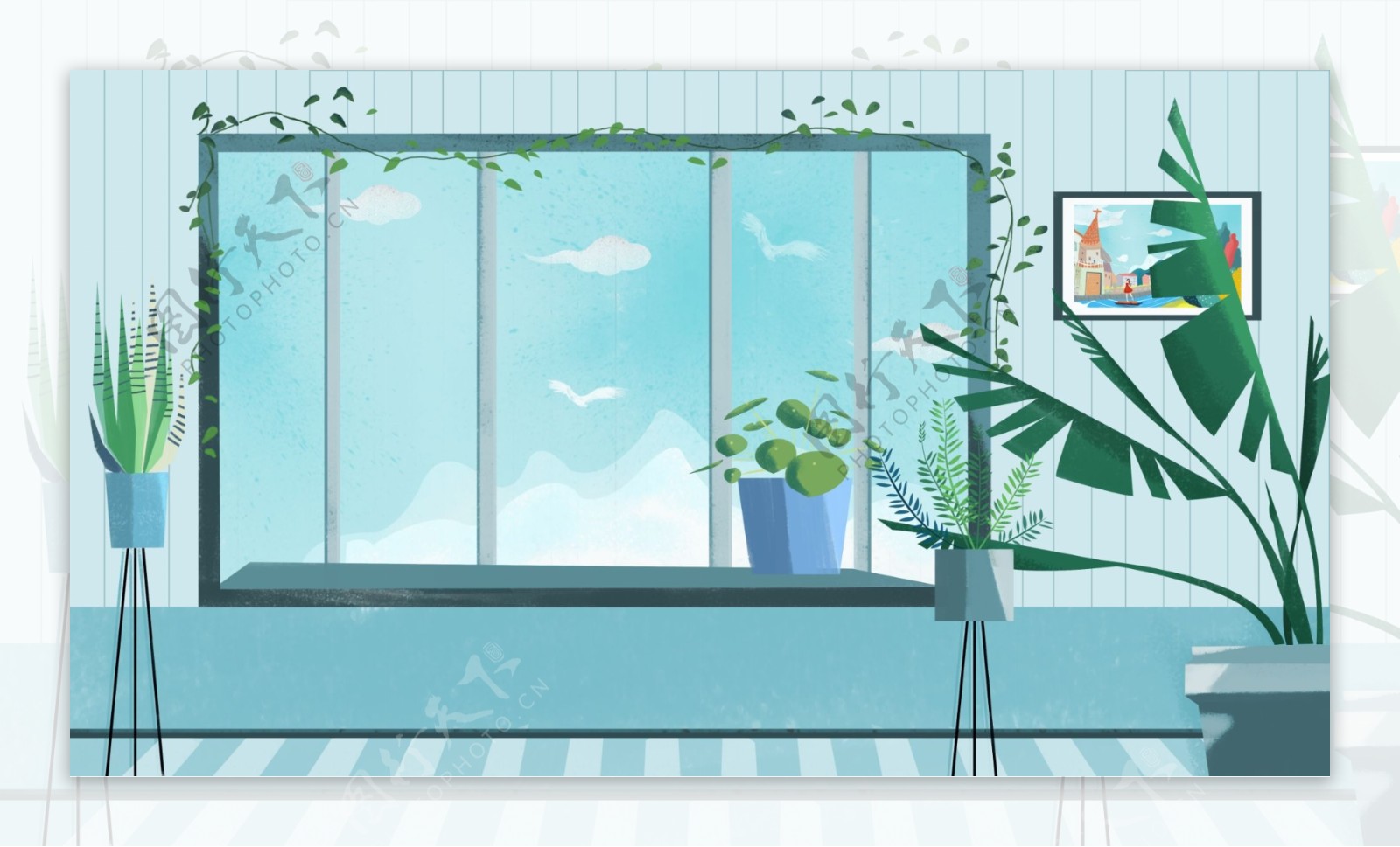 居家生活窗边的植物背景素材