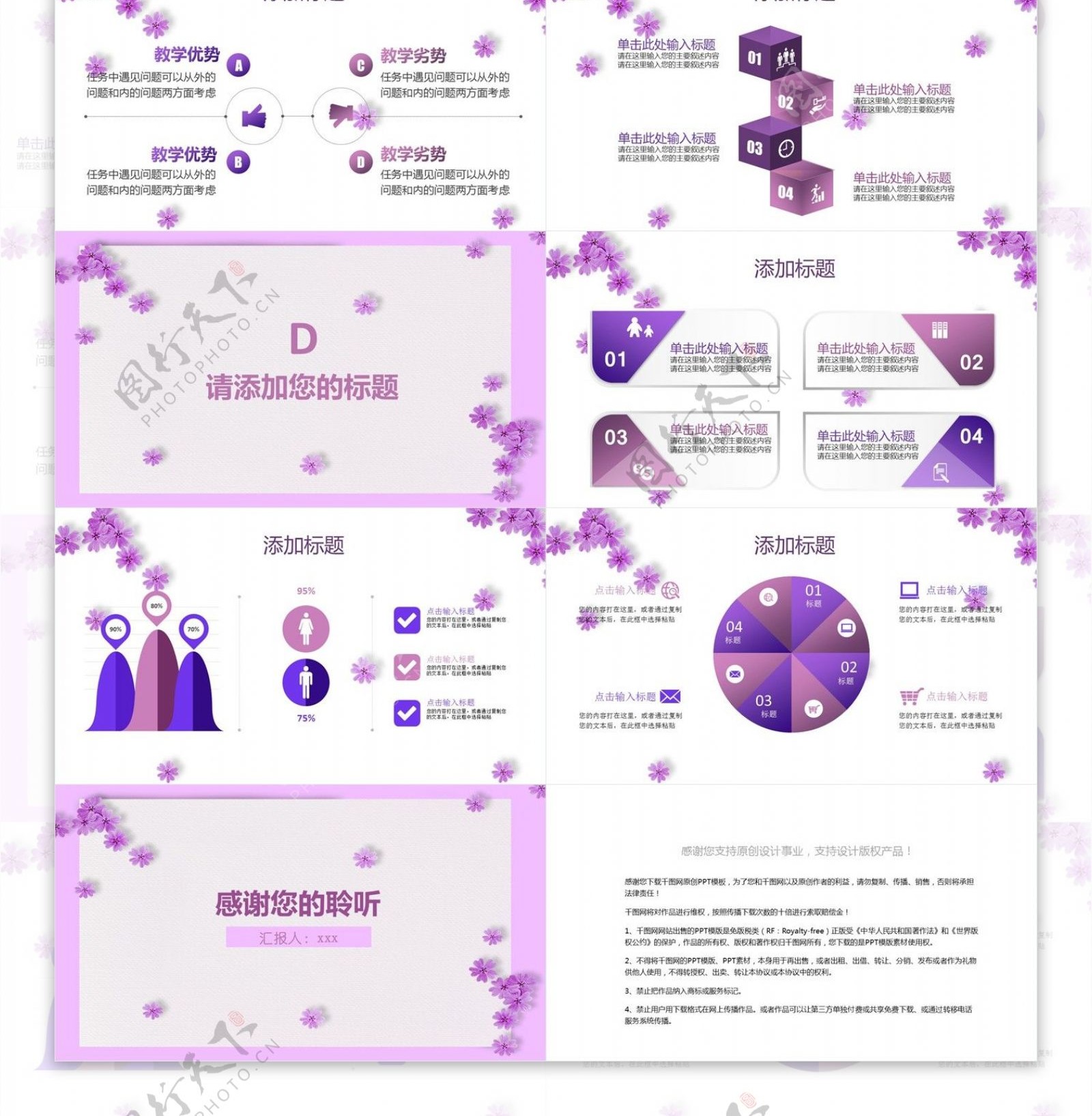 紫色花卉工作汇报PPT模板
