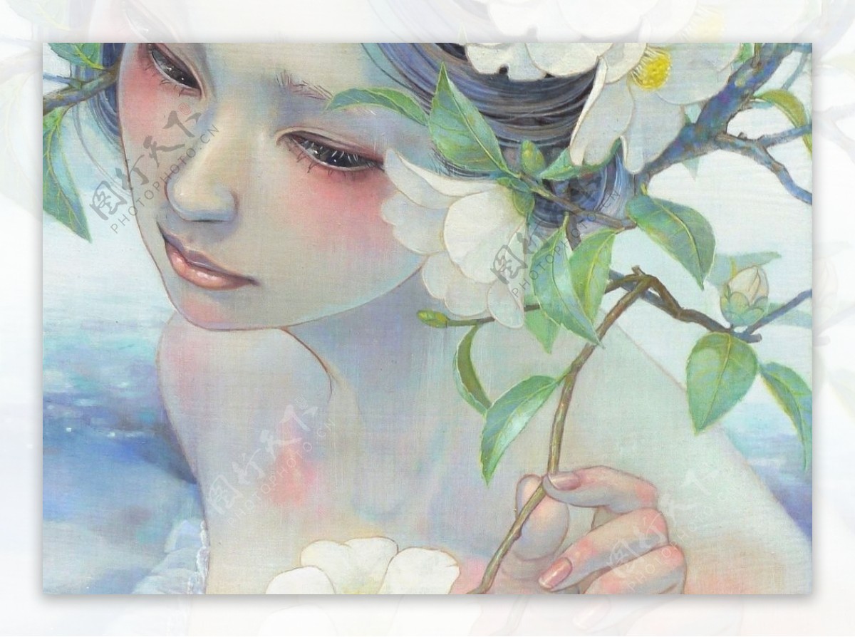 淡彩女性与花朵手绘油画素材