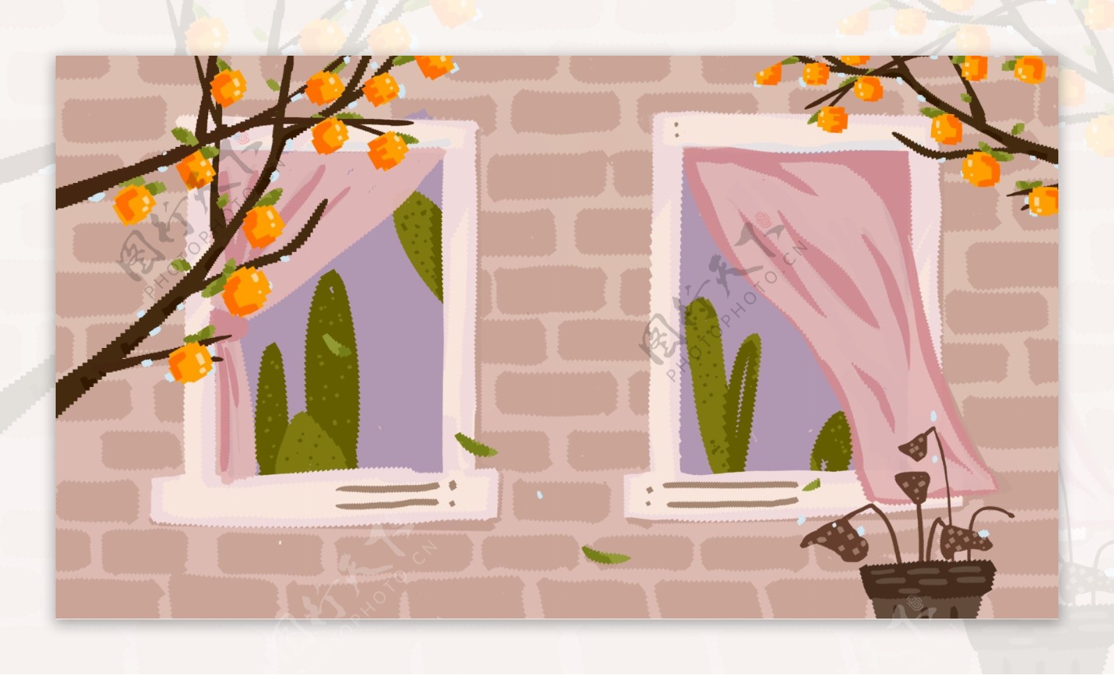 文艺复古秋季墙面山窗户柿子树背景设计