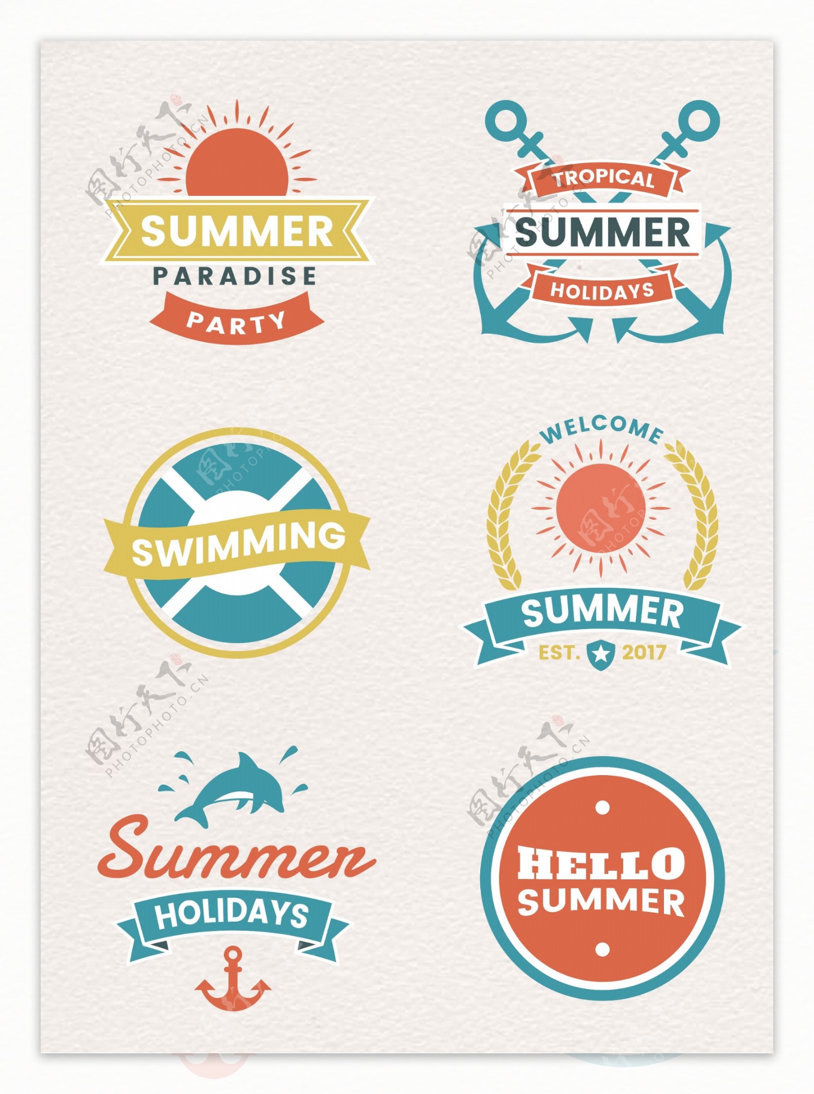 彩色手绘夏日旅行标签设计素材