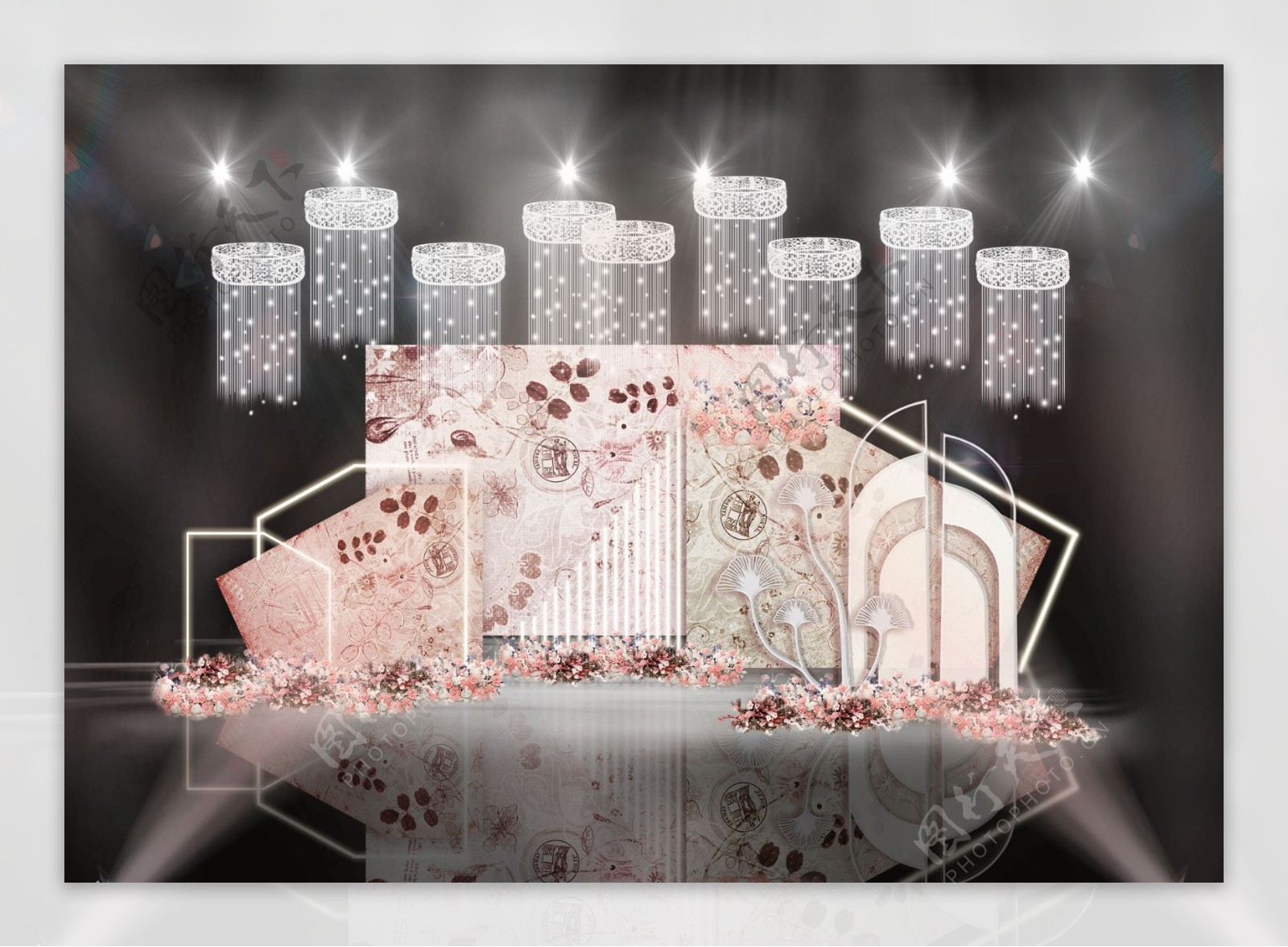 粉色几何纹理立体背景镂空灯饰婚礼效果图
