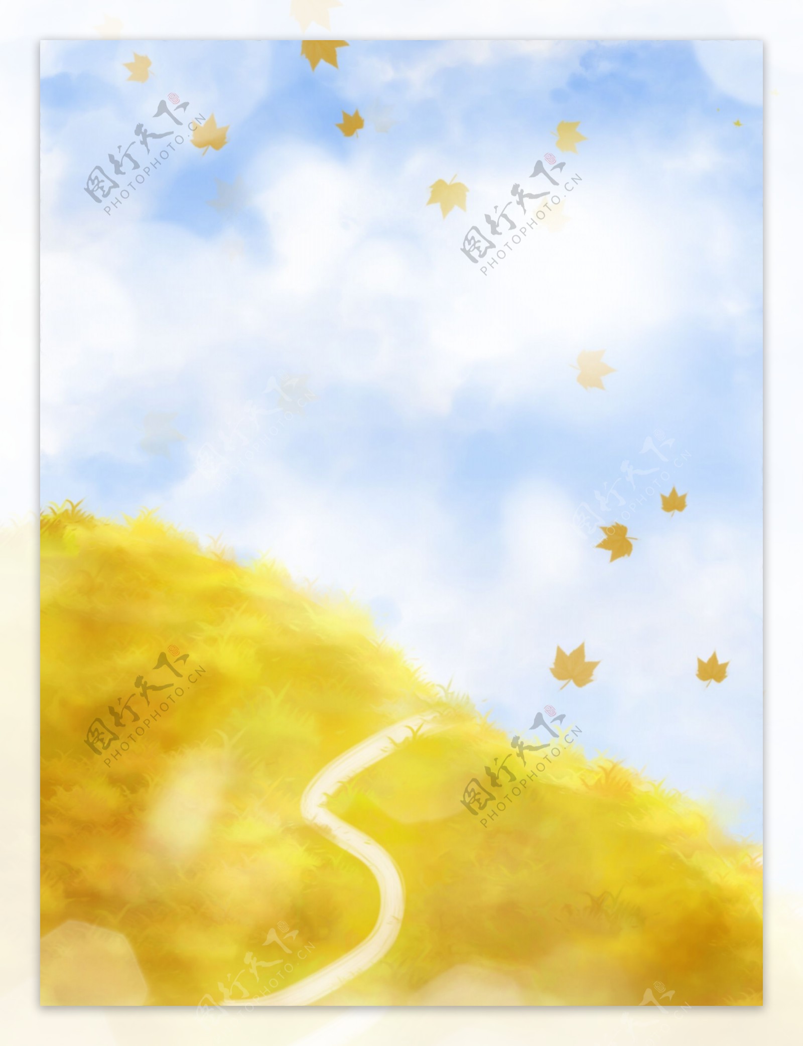 全原创纯手绘秋天金黄色的草地蓝天白云背景
