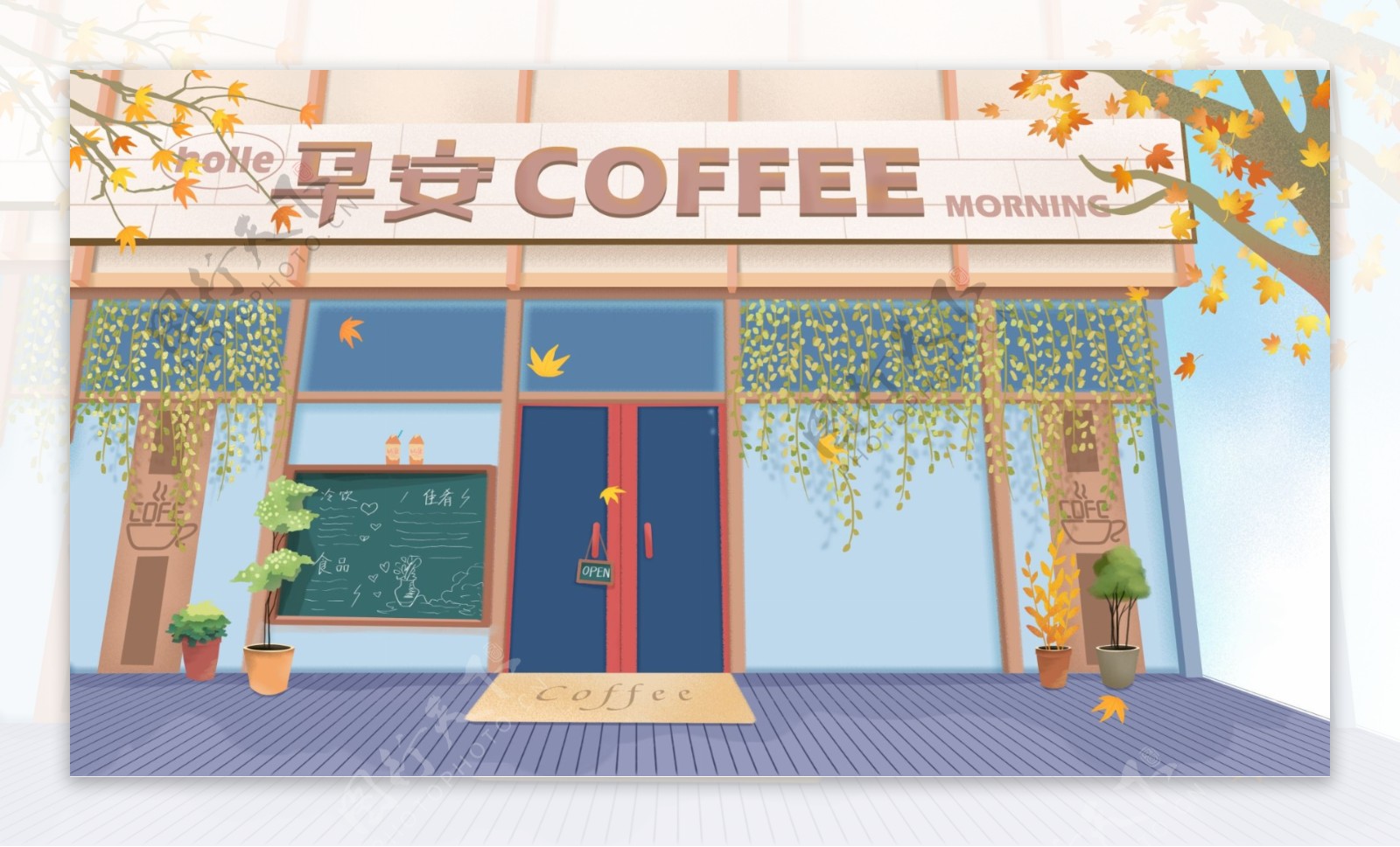 清新彩绘早安咖啡店门口背景设计