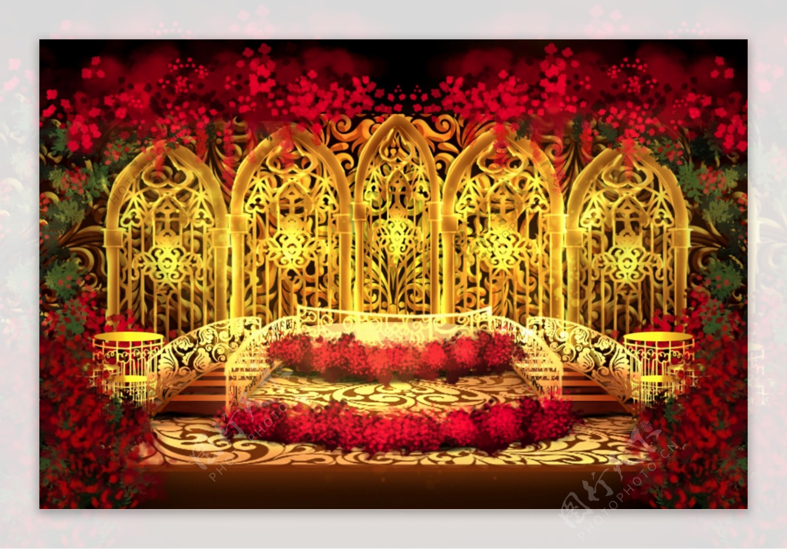 欧式金红色拱门婚礼手绘婚礼效果图