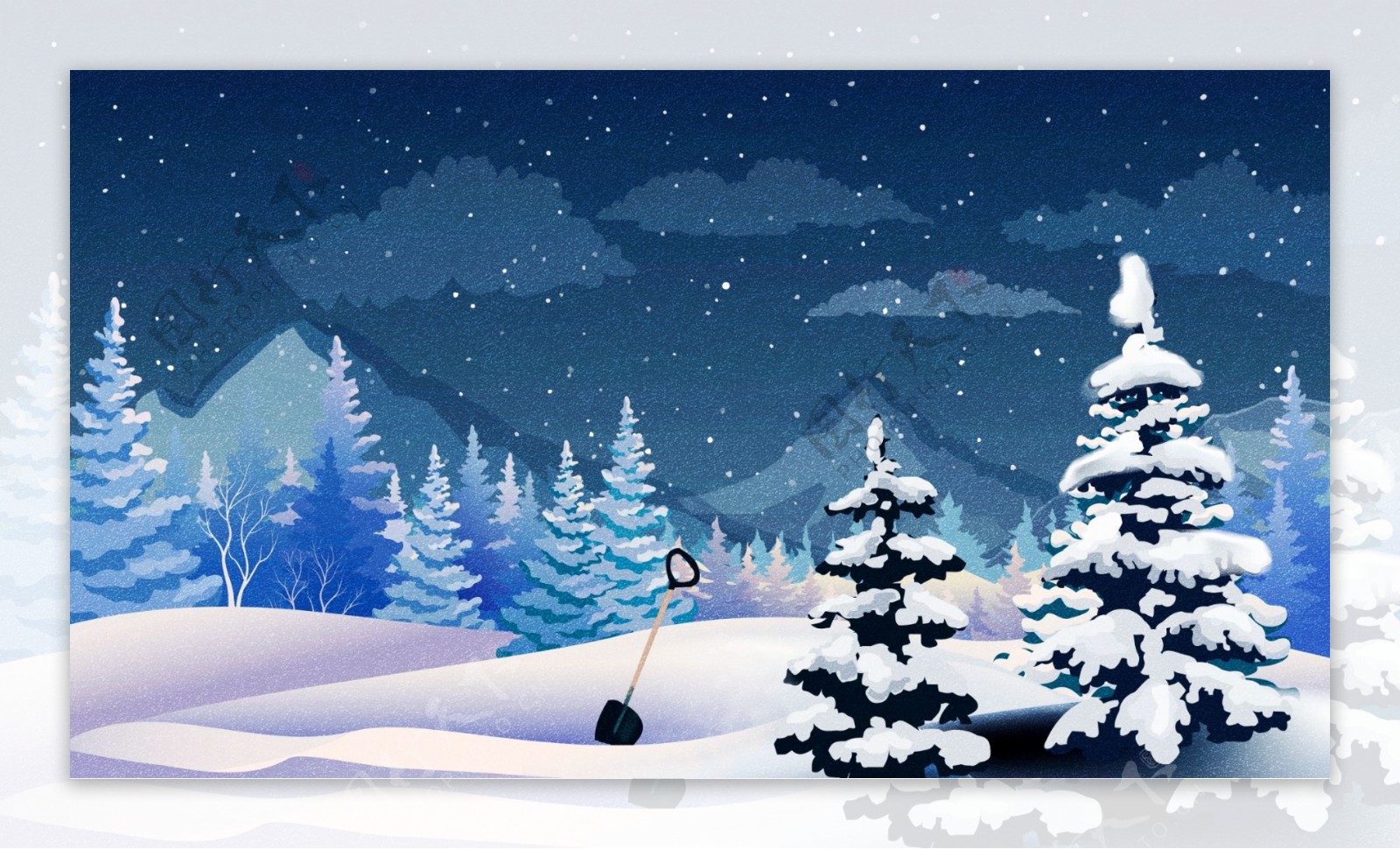 清新冬天雪地松树插画背景设计