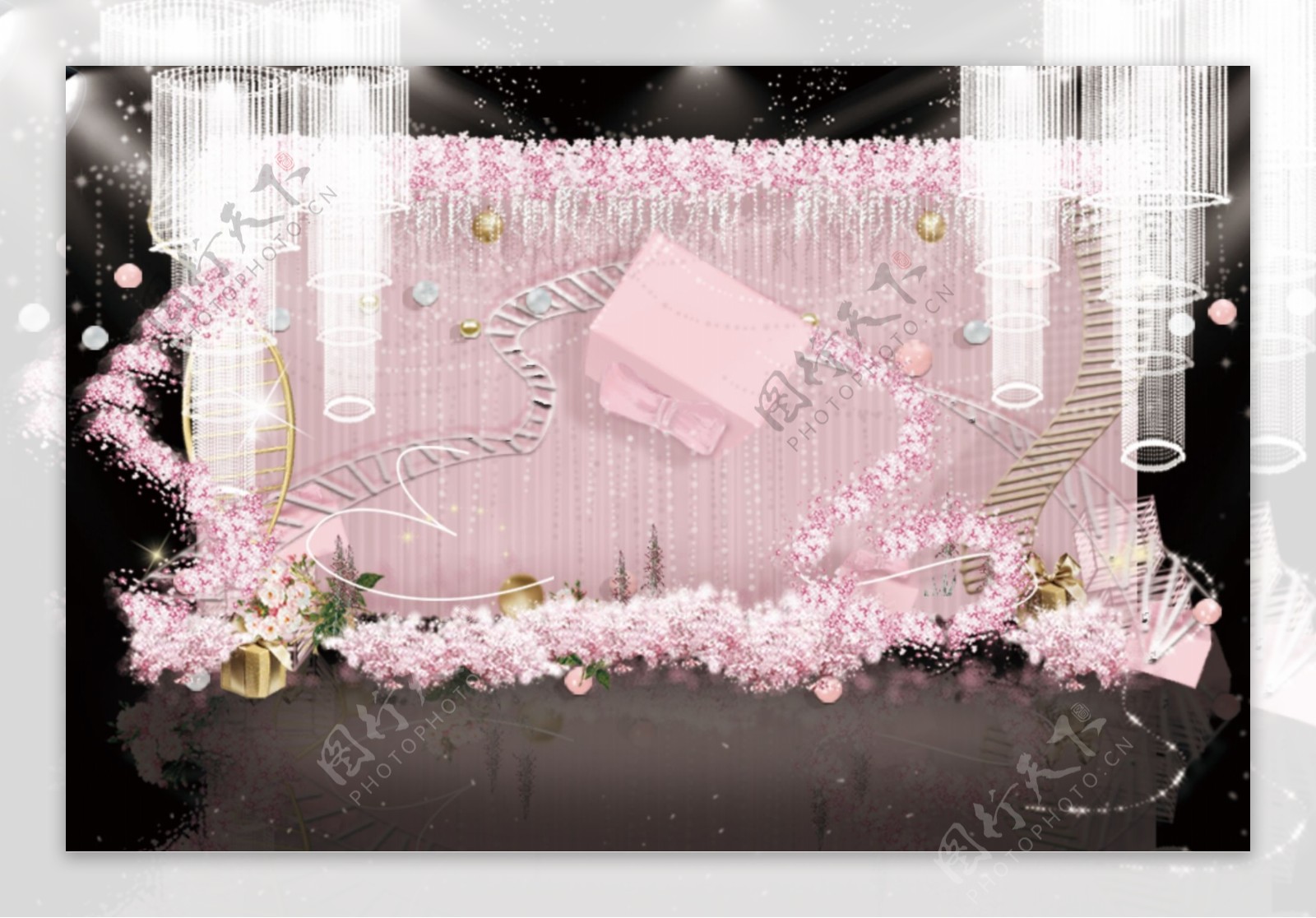 粉色樱花婚礼礼物盒婚礼舞台仪式区效果图
