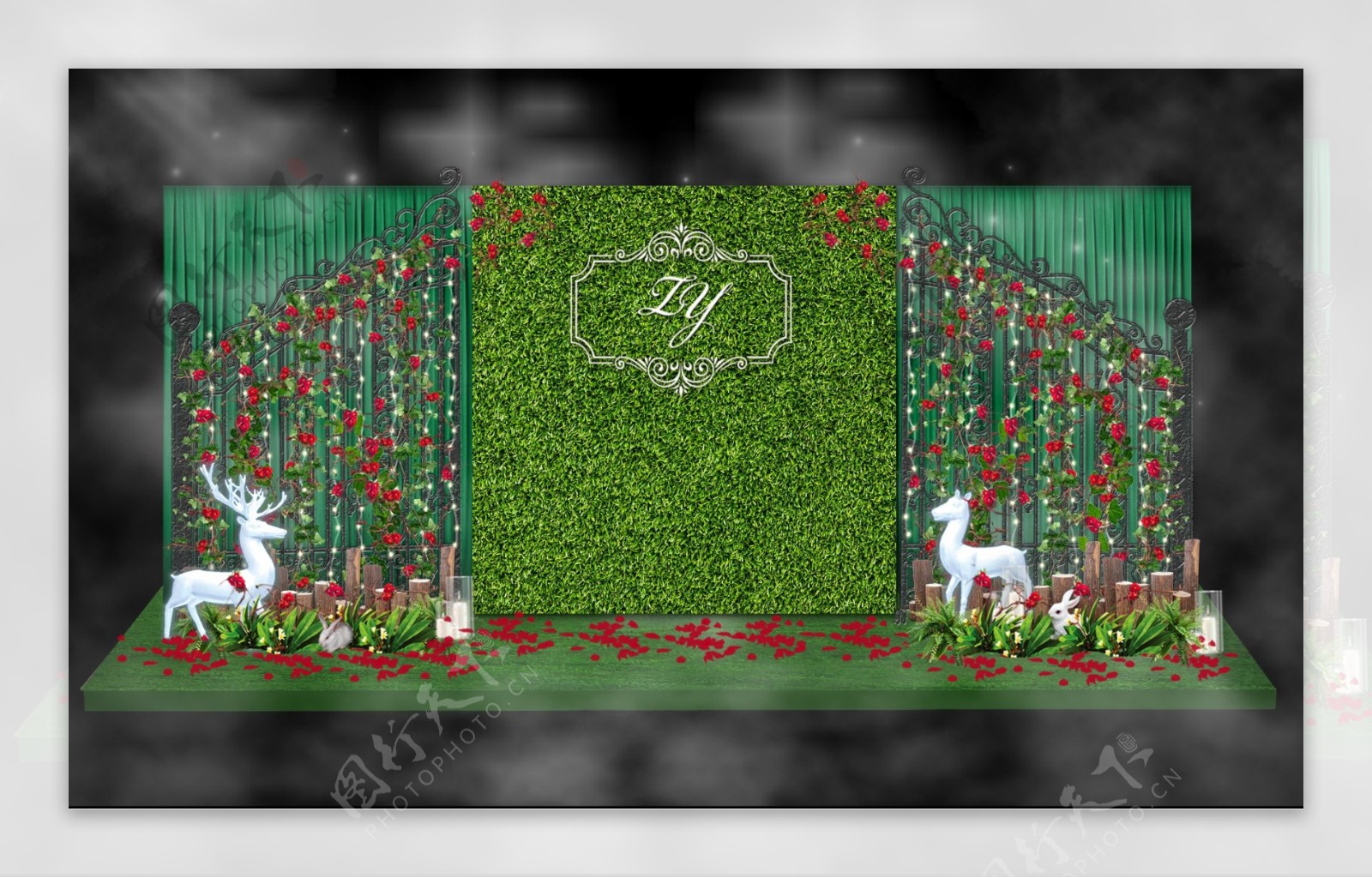 绿色清新森系婚礼舞台效果图