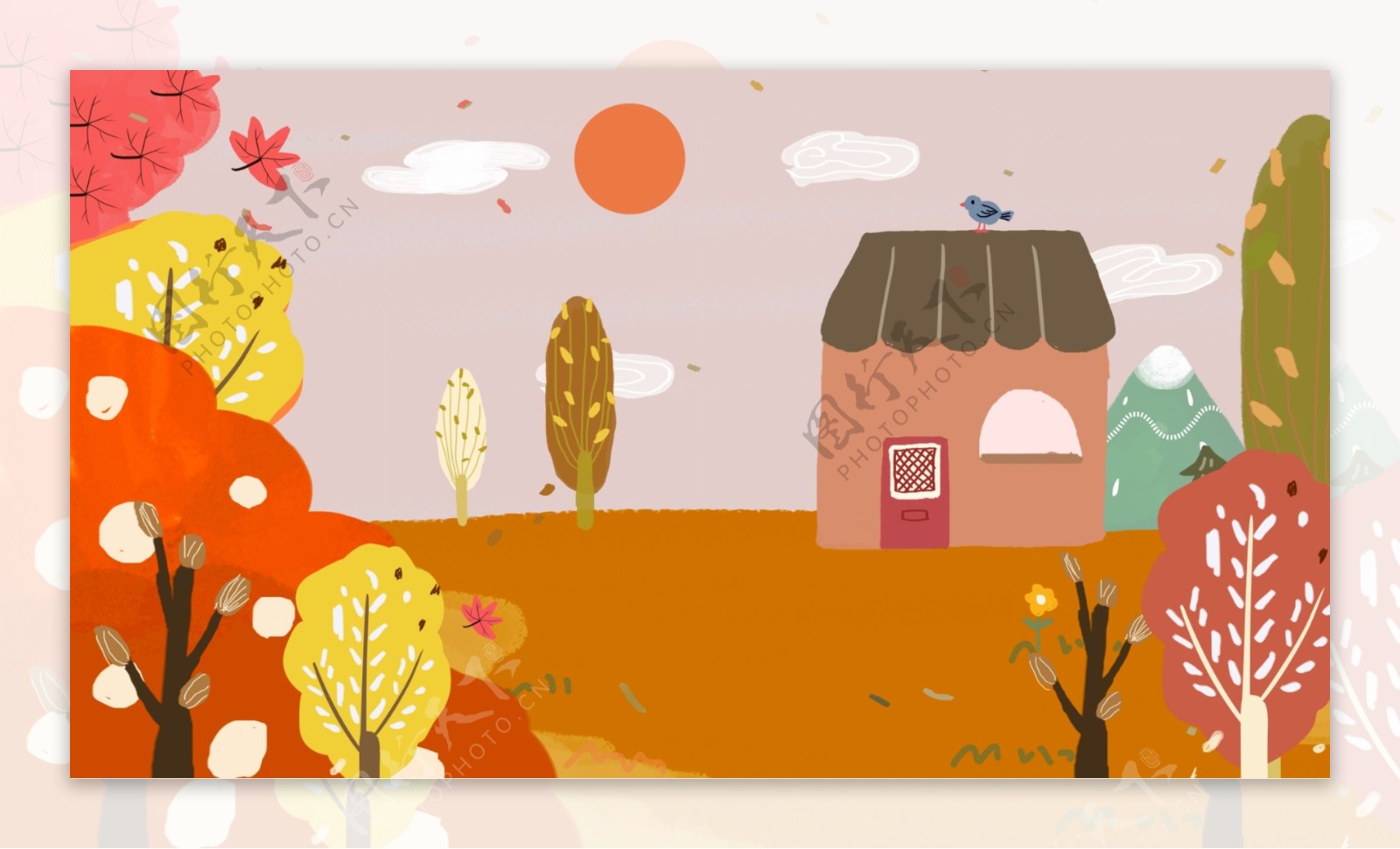 彩色卡通可爱森林小屋背景设计