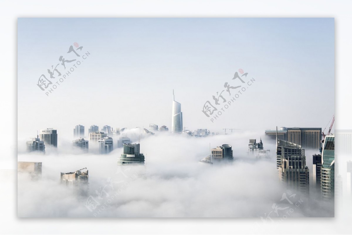 大雾笼罩下的城市建筑上空